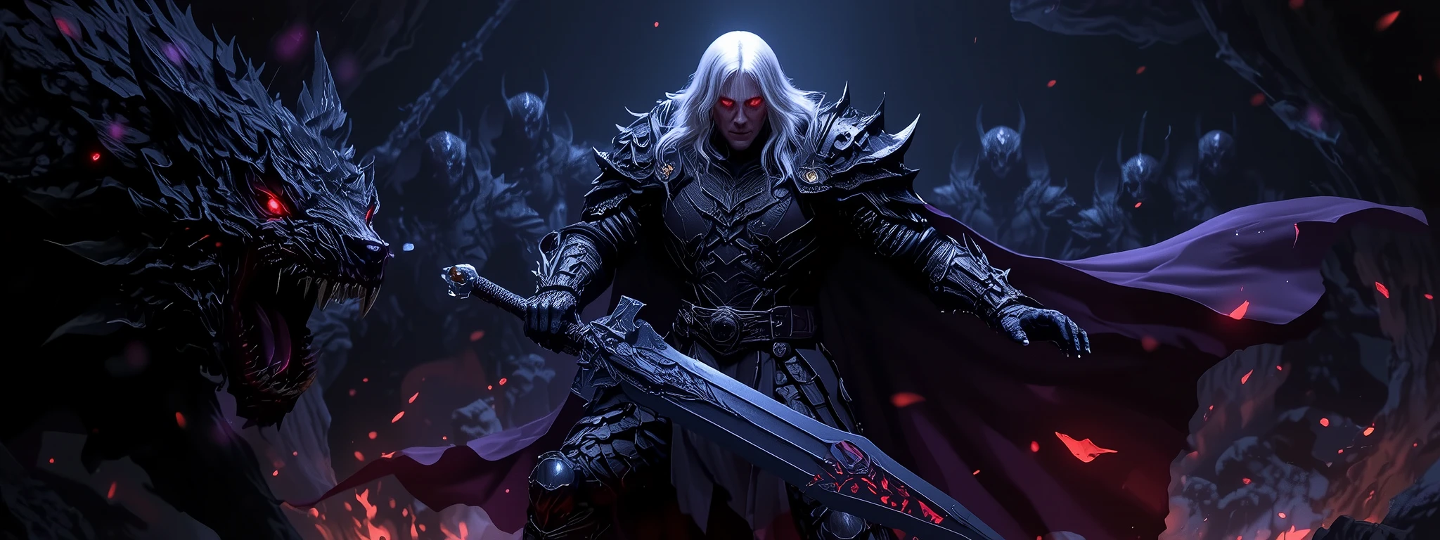 A powerful and menacing dark knight standing in a dark cave with thousand of dark army. The knight wears intricately detailed black armor with black accents, adorned with sharp, ornate designs. His long white hair flows dramatically, and his glowing red eyes exude an intimidating aura. He holds a massive, menacing sword with crimson glowing patterns. A dark purple cape flows behind him, and fiery purple embers surround his figure, adding an intense and dramatic atmosphere. He fighting a beast werewolf with opened jaw and claw that ready to strike. The setting has a mystical and ominous vibe, emphasizing the knight's commanding and supernatural presence.
