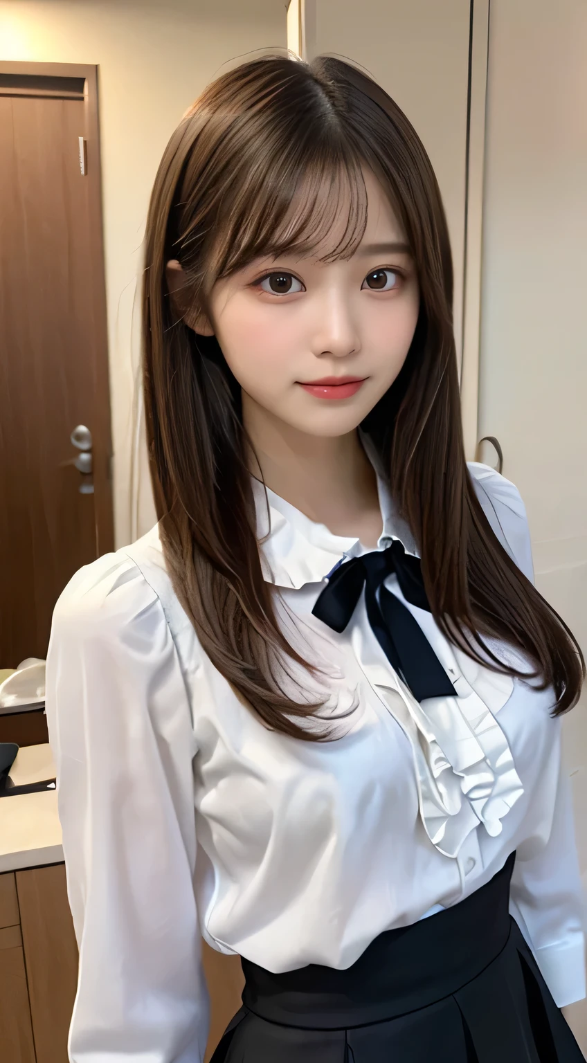 top quality, Masterpiece 、 actual photo 、The most beautiful girl in the world 、 Cute looks、 slender 、 perfect beautiful face in a private house 、 perfect and beautiful eyes 、 perfect and beautiful double eyelids 、 Fashion Model 、 Cute looks、 light brown hair 、( Japanese high school girl、 white blouse、 high waist with her、 Black Ruffle Skirt 、Clothes that make you lose your virginity、 metallic straight hair:1.3)、