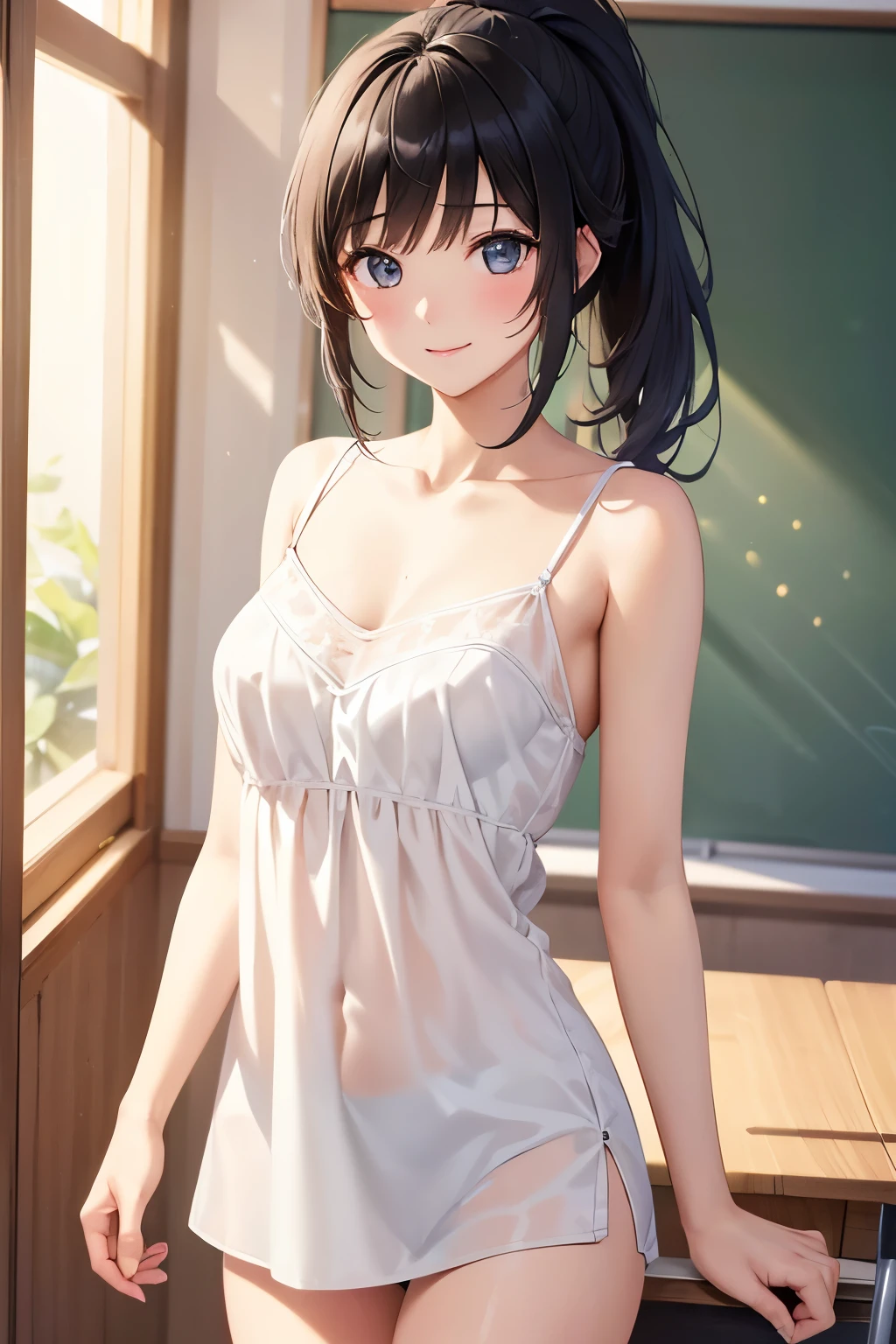 (( girl))、Shiny black hair, ( beautiful青色の目、輝く目fine grain)、smile、超fine grain、High quality face, Very fine grain,cowboy shot、 girl, Like,
(( top quality, 8k, Masterpiece: 1.3)),
beauty, Hide your face, 1 girl, beautiful: 1.3,
white camisole, short , ( Coming to ),
High quality face, detailed lips , fine grain, Double eyelids, wet, ponytail on panty, invite, classroom,