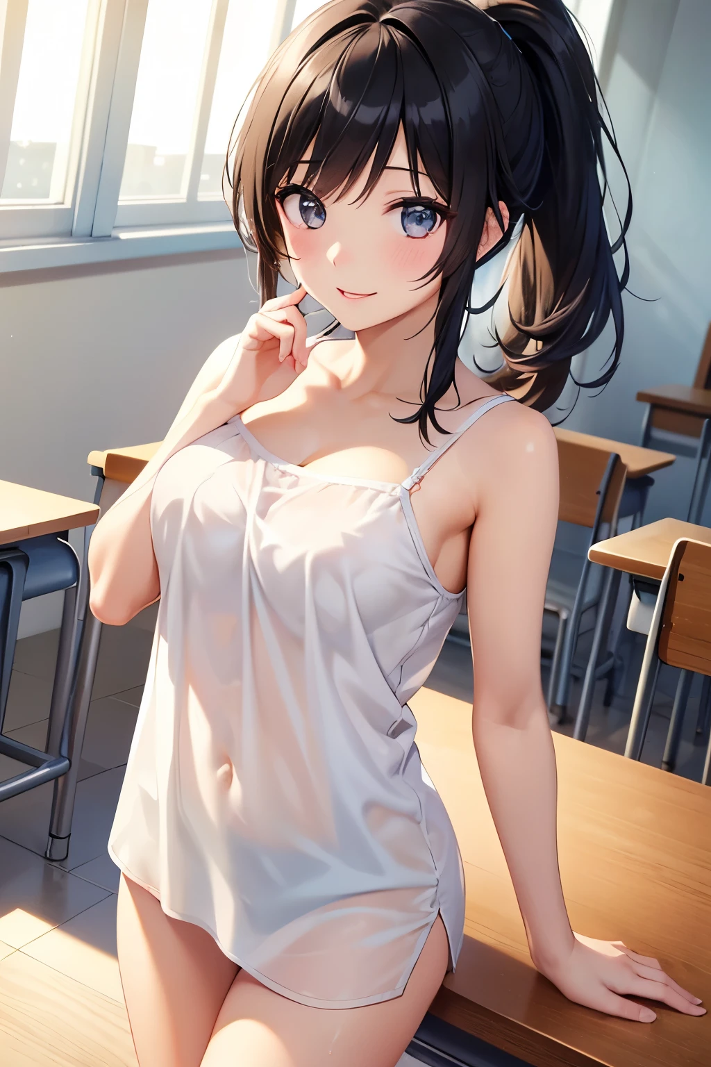 8K、Highest quality、(masterpiece:1.2)、Real、Super fine、Ultra-high resolution、1 person、Beautiful face、perfect body、((Black Bob))、Waistline、(Waist Slim:1.3)、Beautiful Skin、Skin Texture、Floating hair、(((highschool Uniform)))、classroom、Blushing、((full body shot))、high school girl、White tank top、Panty shot、White panties,Detailed depiction of the thin cotton texture and wrinkles of the panties、Detailed and beautiful hair texture、Detailed depiction of large pink areola、Sit on a desk and spread your legs wide