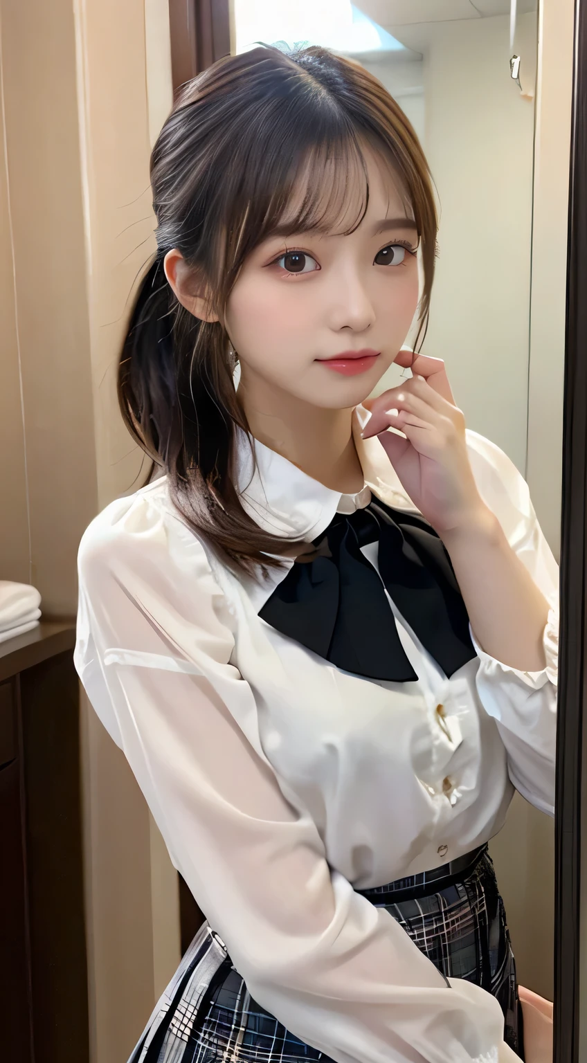 (8k, RAW photo, best quality, masterpiece:1.2), (realistic, photo-realistic:1.37), ultra-detailed,
1 woman, solo,beautiful detailed sky,detailed cafe,night,sitting,dating,(nose blush),(smile:1.1),(closed mouth),large breasts, seductive smile, large aparture, professional lighting, Sony A7R4, Zessie 50mm F1.8,
medium breasts,beautiful detailed eyes,(collared shirt:1.1), bowtie,pleated skirt,(short hair:1.2),floating hair