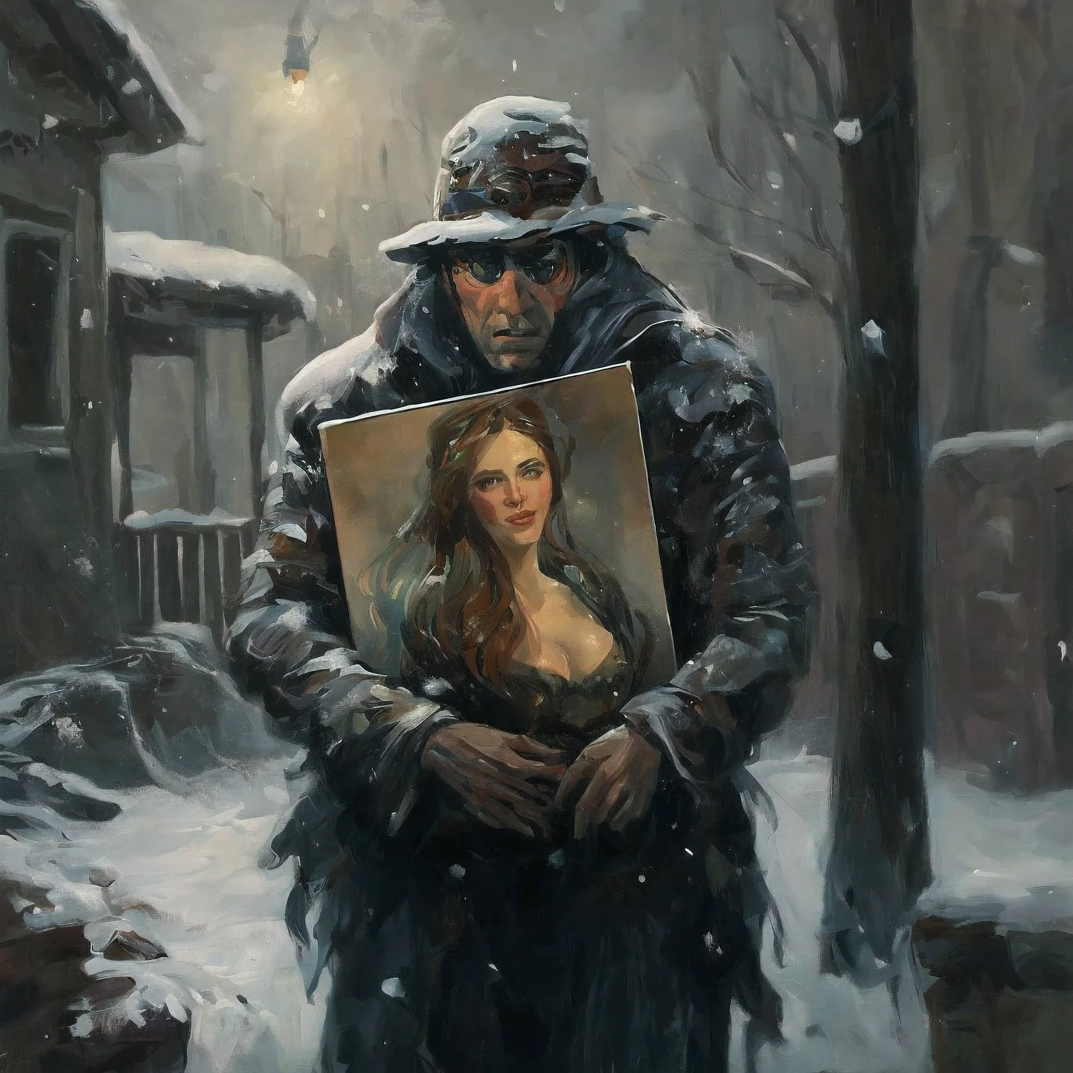 painting of a man , holding a picture of a woman in the snow , Anton Fadeev, Stefan Coidl inspired , by Andrey Esionov , Mikhail Evstafiev, andrey gordeev , epic artist painting , by Igor Kufayev , is inspired by Andrey Efimovich Martynov, Vladimir Novak