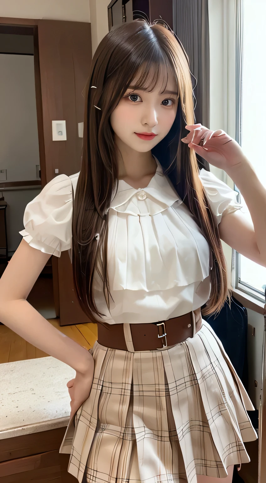 top quality, Masterpiece 、 actual photo 、The most beautiful girl in the world 、 Cute looks、 slender 、 perfect beautiful face in a private house 、 perfect and beautiful eyes 、 perfect and beautiful double eyelids 、 Fashion Model 、 Cute looks、 light brown hair 、( Japanese high school girl、 white blouse、 high waist with her、brown ruffle skirt 、Clothes that make you lose your virginity、 metallic straight hair、Reflection in the mirror:1.3)、