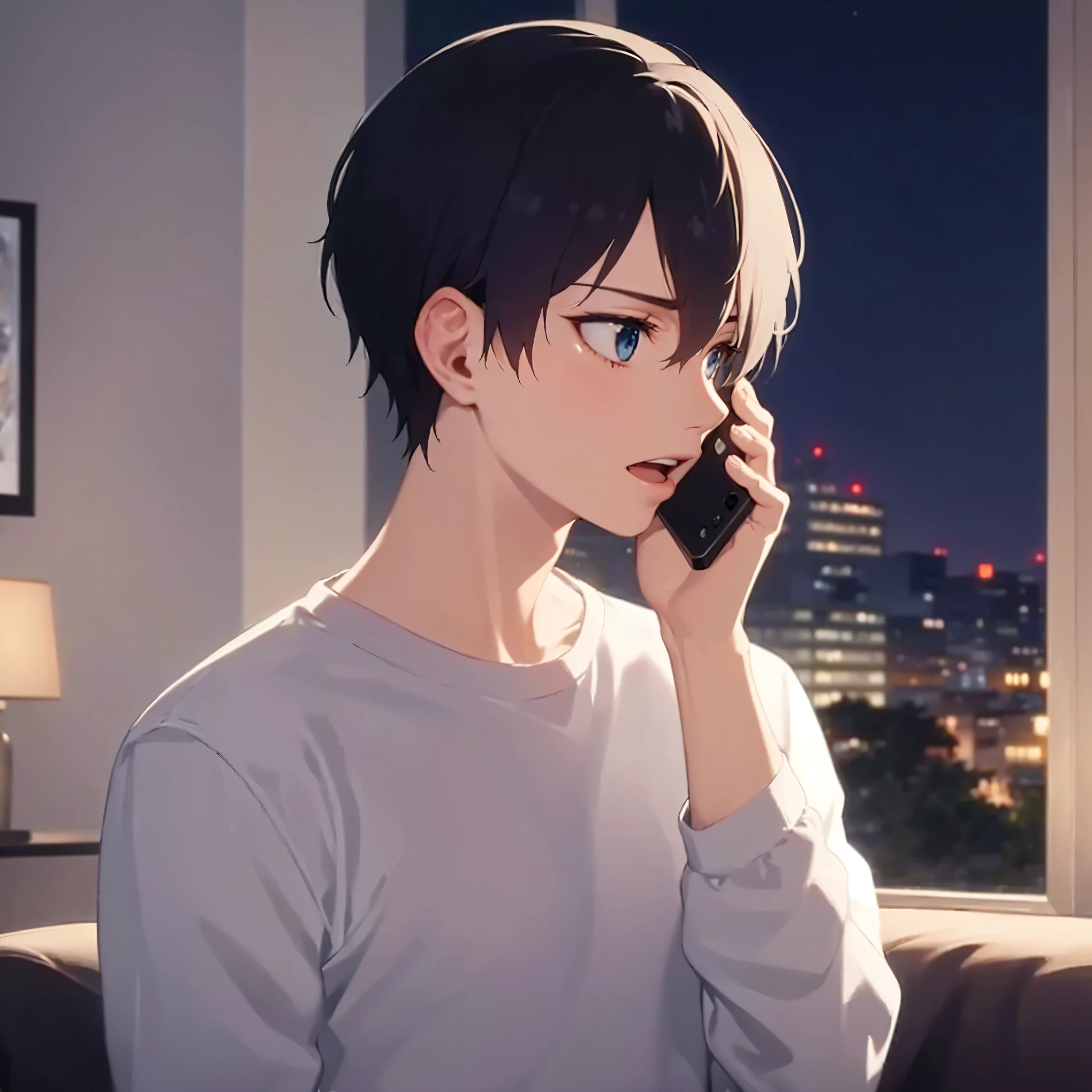 talking on phone, inside a living room, (looking away:1.5), (at night:1.5), standing, hand up, masterpiece, best quality, Japanese manga style, upper body, (25 year old male: 1.5) and (short black hair) and (blue eyes), BREAK (white) and (T-shirt) and (long sleeve) and (pants) BREAK sirious, open mouth, alone,