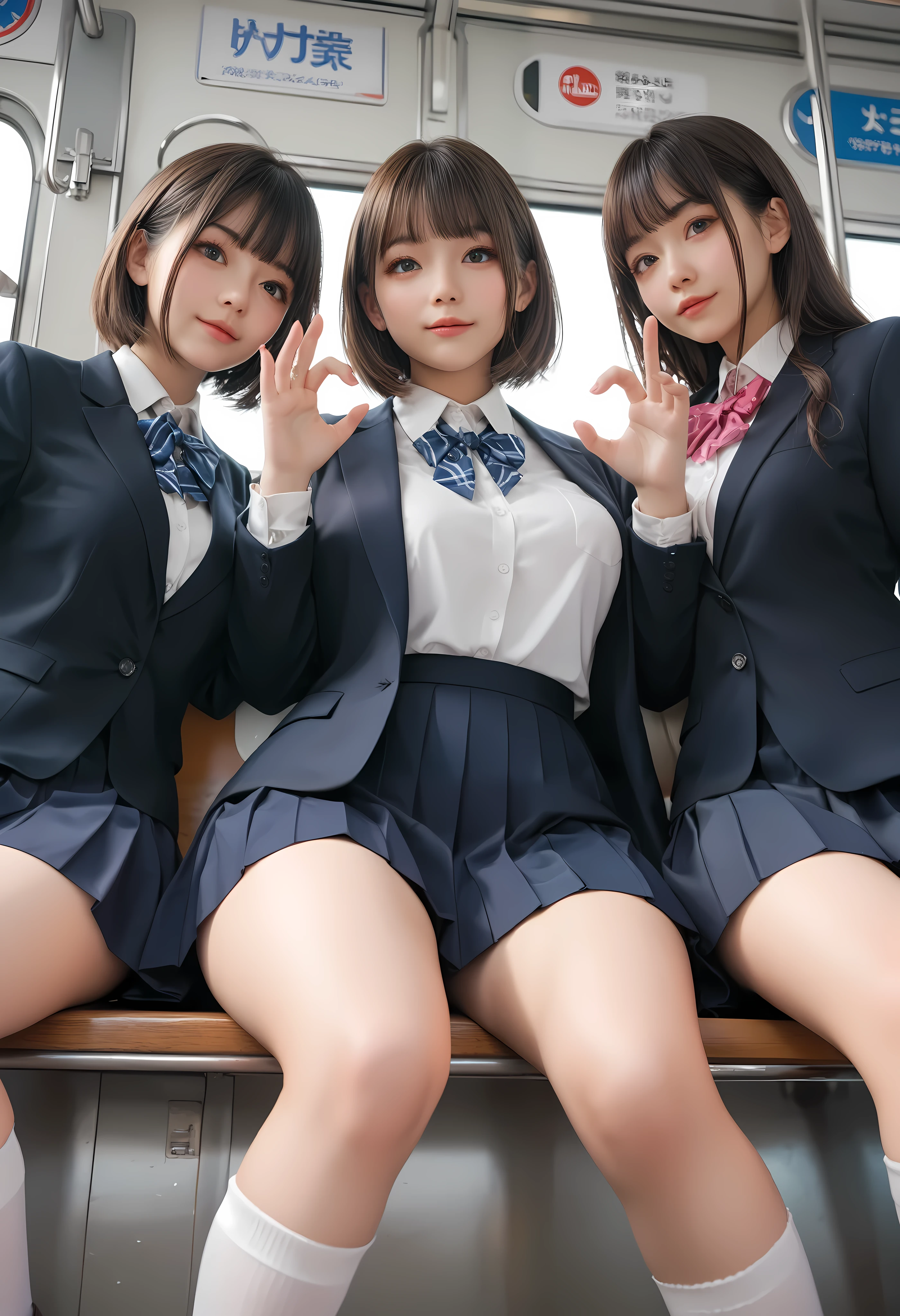 ((head out of frame)), Japanese high school girl, 3 girls,   black blazer, white blouse, a ribbon, too short pleated skirt, white sox, loafers, brown hair, middle breast, sitting on train seat, wide hip, thick thigh, focused on   (little visible panties:0.35), handjob gesture, (from below:1.0), (from front:1.2), by fisheye,