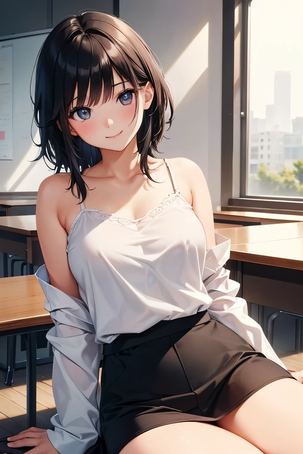 ((  girl))、Shiny black hair,  ( beautiful青色の目、輝く目fine grain)、smile、超fine grain、High quality face, Very fine grain,cowboy shot、  girl, Like, 

(( top quality, 8k,  Masterpiece: 1.3)), 
 beauty, Hide your face, 1  girl, beautiful: 1.3, 
  white camisole, short , ( Coming to ), 
 High quality face,  detailed lips , fine grain, Double eyelids,  wet, invite, classroom,