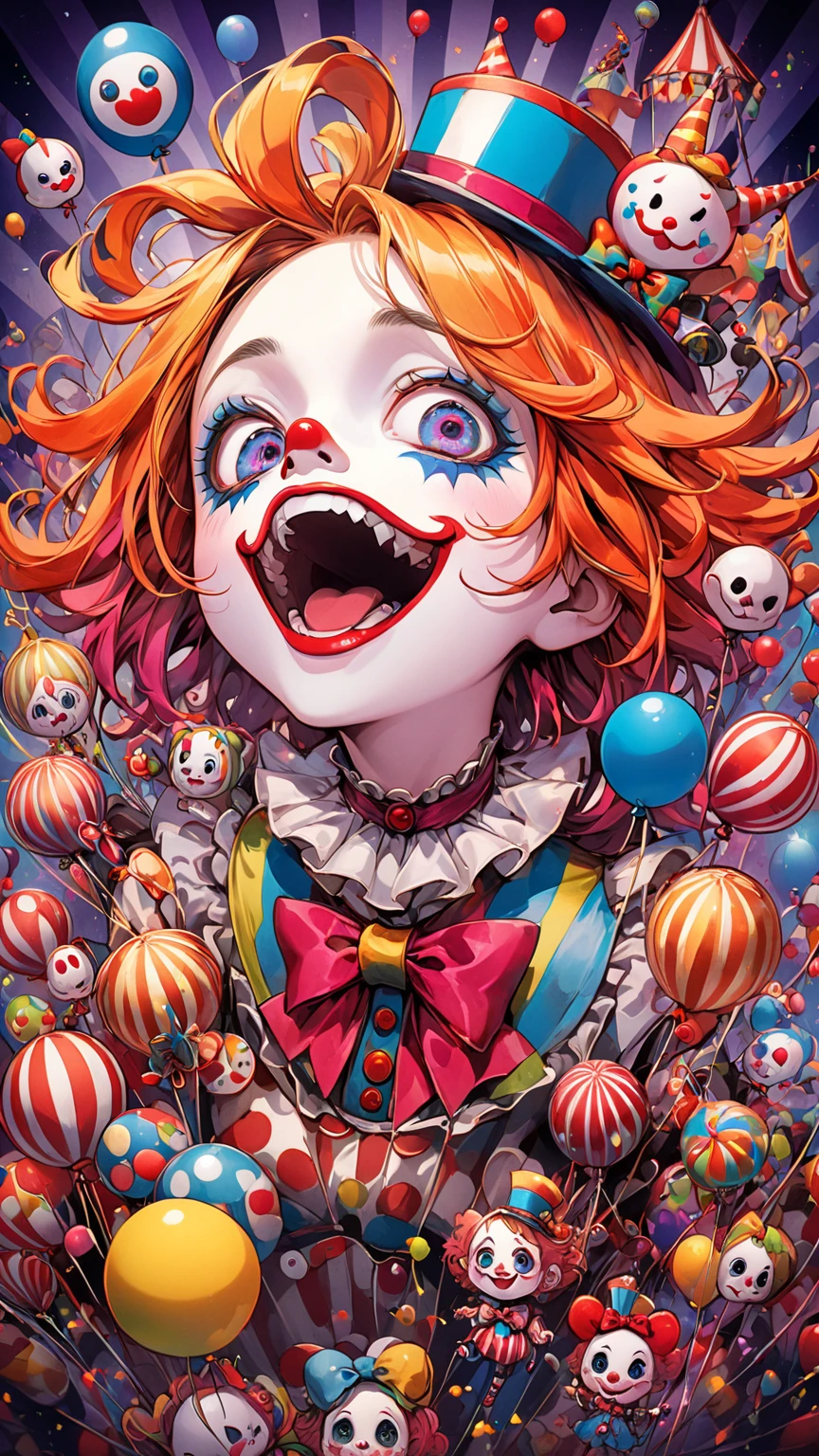 (disney character style)、Gruesome and spooky details、An atmosphere full of suspense and tension、Psychological horror、Cute Smile、Mysterious and unsettling atmosphere、A terrifying moment、Nightmare scenario、The twisted madness of a murderer、Smiling clown、bright red nose、Open clothing、Striped shirt、Big shoes、Enthusiastic atmosphere、Mischievous Smile、Expressive gestures、Comical movement、Festive mood、Exciting performance
