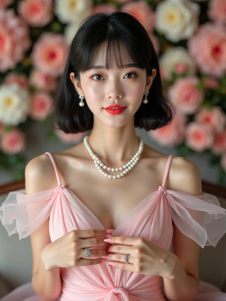 (((best quality))),(((ultra detailed))),(((masterpiece))),illustration,((1girl,solo)),(shoulder-length bob:1.2),(black hair:1.3),((bright eyes,flawless skin)),((slim,thin)),((gigantic breasts,towering chest)),(dog collar with a bell:1.2),(pink sheer dress:1.3),(slender legs:1.2),sweetheart neckline,innocent yet alluring,(In a pink princess theme bedroom:1.3),(sitting on colorful gift box:1.3),wonderful expression,big bows,festive atmosphere,balloons and streamers,sunlight streaming in,radiant smile,anticipation,joy and excitement,capturing a moment of pure happiness,((from front,upper body))