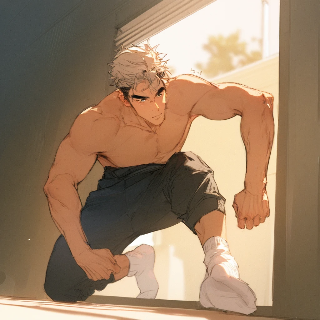 mature, ((tall lean toned man:1.2)), broad-shouldered, handsome, (((very short hair:1.3))), (((white hair:1.4))), blue eyes, angular chin, thick eyebrows:1.3)), masculine, ((hair like kirito kagemitsu:1)),
(((Shirtless , standing im the doorway of a bedroom , standing leisurely, wearing white pajama pants  )))
