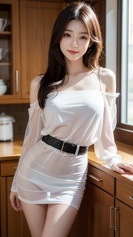 A cafe attendant with a transparent look、Transparent nipples、Leaning forward、Sheer skirt、Coffee shop