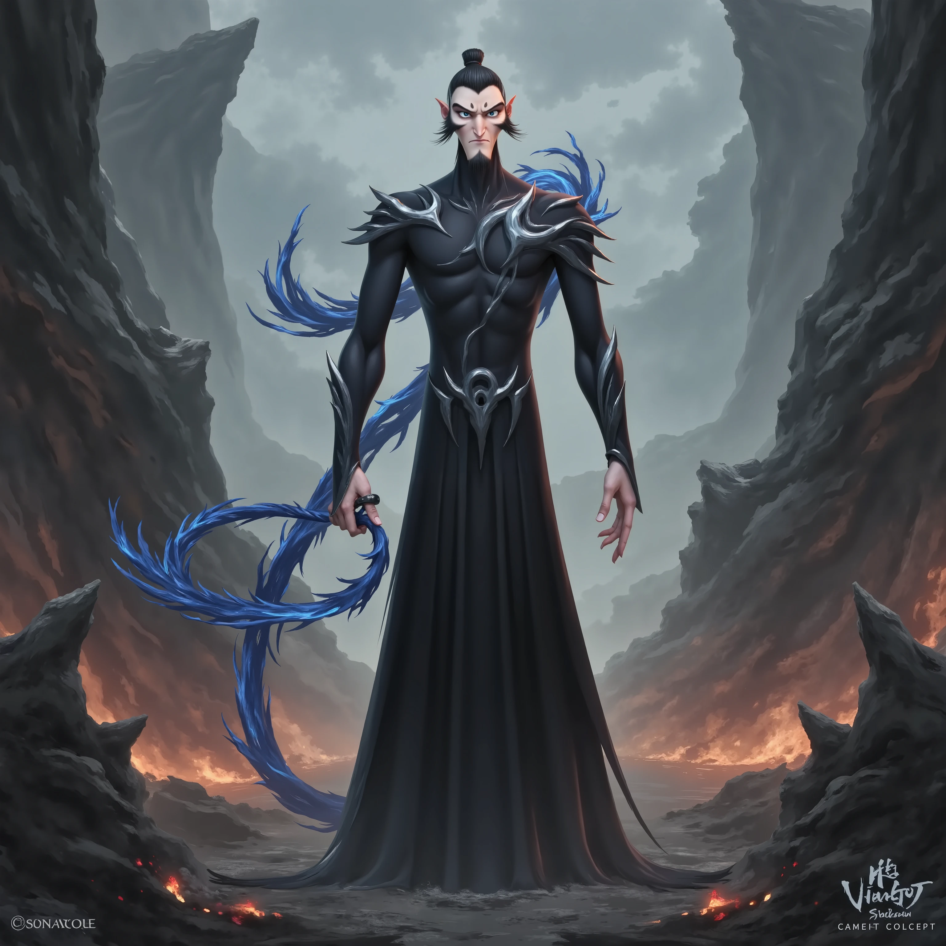 ( masterpiece, top quality:1.2), Game anime characters, alone,beard, Black Robe ,slim。Holding a blue whip in his hand。Kung Fu Action ,flame,cliff,Ominous clouds,Grand scene,Large game scene