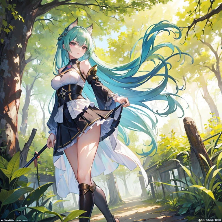 (Very good image quality), 1 girl Emerald green hair, long twin tails hair, back braid, low braid, bangs covering one eye, white veil, beret, silver tiara, yellow eyes, black blindfold, (chain) (bracelet with chain), (leg rings with chains)(chain connected to the wall), fully extended arms, fully extended legs, magical girl, off-shoulder, Kimono over bikini,pleated skirt, spreading skirt, bikini that can be worn inside, lace fabric bikini, black bikini, garter belt, Thigh-high socks, exhaustion, blushing, sweatyumekawa,yumekawaii,pastel color,(wonderland garden:1.3),rainbow waterfall,dripping ink,imagination,(Castle:1.4),
