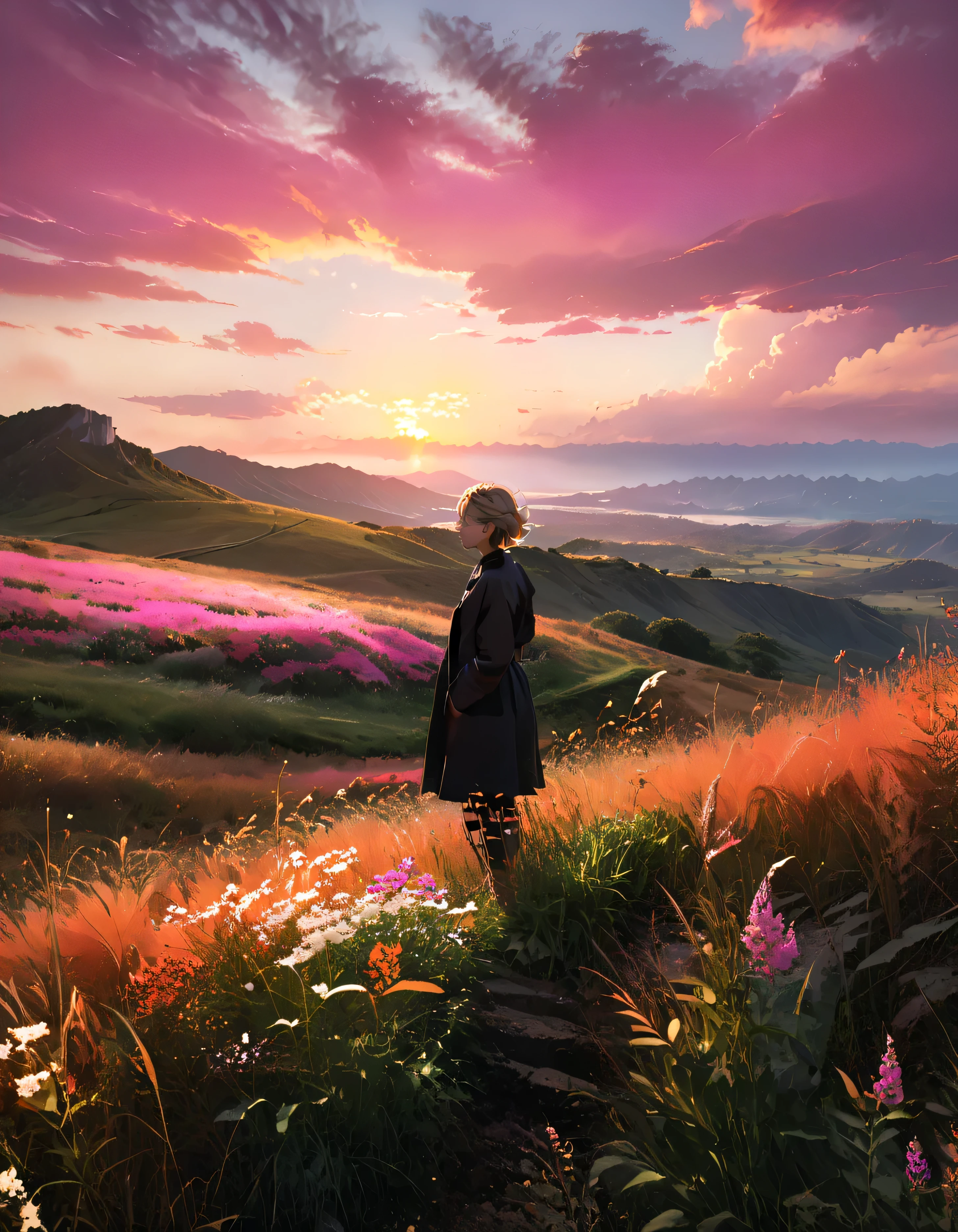 A peaceful and dreamlike scene at the golden hour. A person with short hair, standing on a flower-covered hill, gazing at a breathtaking sunset. The sky is painted in warm orange, pink, and golden hues with dramatic, soft clouds glowing in the fading sunlight. Vibrant wildflowers and tall grasses sway gently in the breeze, framing the silhouette of the person. Distant mountains visible under a serene horizon. A cinematic atmosphere with vibrant colors, detailed textures, and a tranquil, ethereal vibe."
