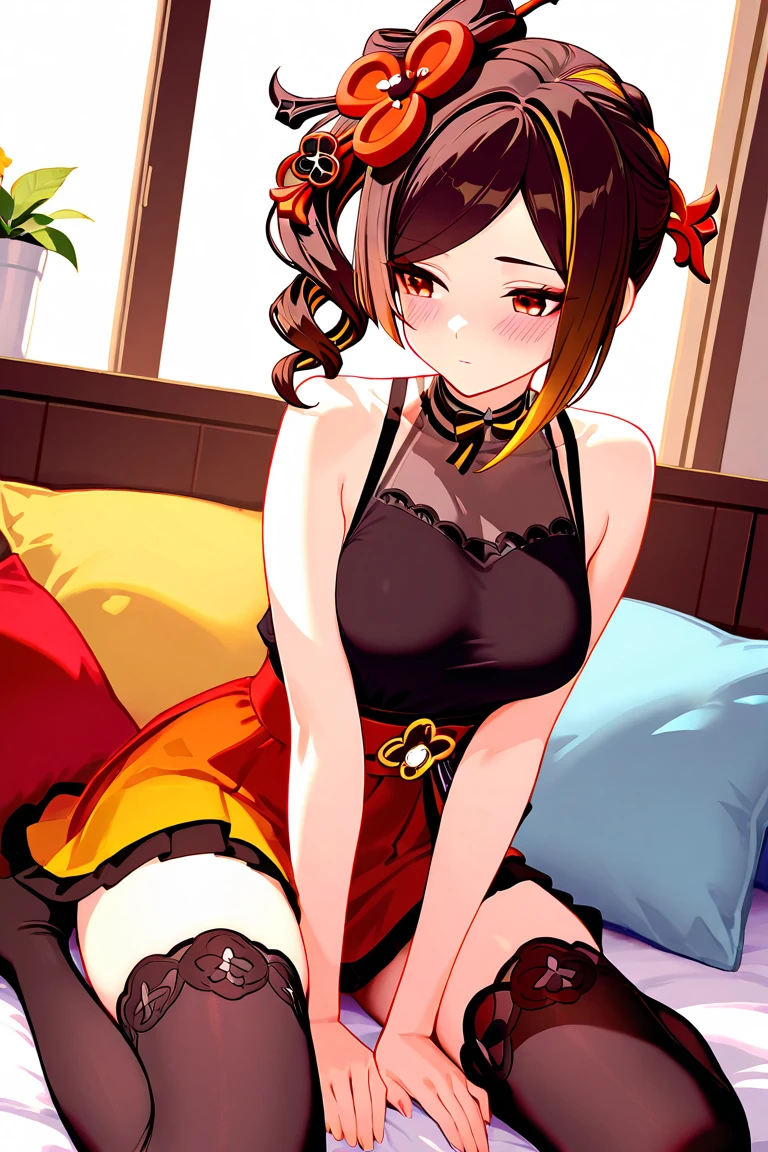 realistic image, coherent image, detailed image, 1 beautiful girl. She has long brown hair, tied up with a comb in the shape of a red flower. Red eyes, long eyelashes. Her face is oval and delicate. She wears a traditional t-shirt, a pleated mini skirt with lace, and stockings that cover her legs. She has a curvy body, medium breasts and thick thighs. sitting showing her thighs. surrounded by clothing fabrics, flower petals falling around her. black background, uniform background
