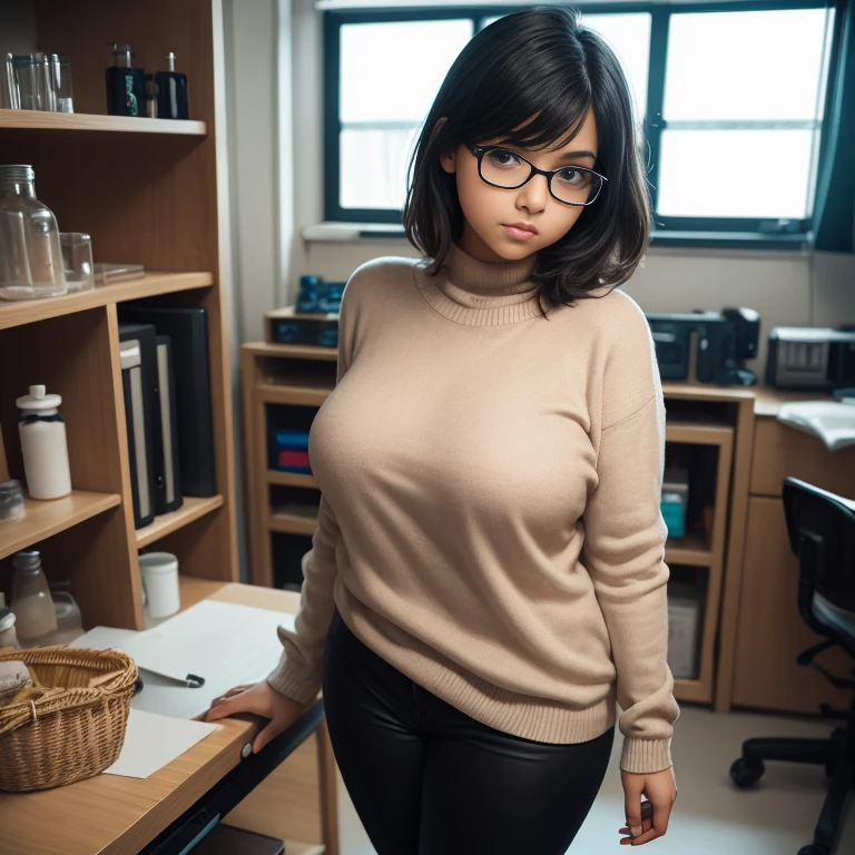 Teacher, ((angry expression)), super sexy, black hair Tied in loose bun, fully clothed, realistic school settings, wearing long black tight pants pants and super tight red sweater, large breasts, ((eye contact)), milf, 40 years old, wearing glasses, leaning forward toward camera, (very fit, abs, muscles), masterpiece ((((all clothing is super tight, figure hugging and very revealing))))