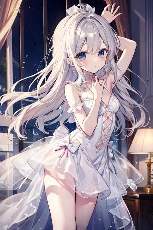 Shirakami Fubuki/(Holo live/), Lilac gradient hair,asymmetrical hair,（ Hair over the shoulders, messy hair, very long hair, shiny hair，(long gray hair:1.2),a beautiful girl，（Luxurious Platinum Mini Lolita，Made of transparent material），（Transparent clothes transparent 1.8），Perfect body，high and high，slim