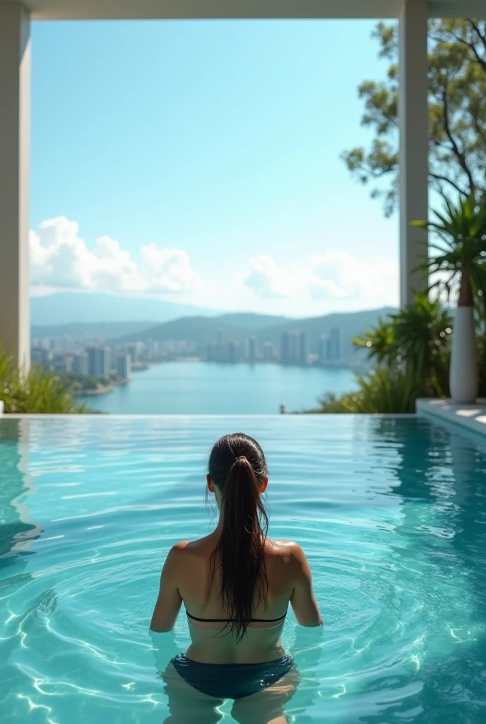 infinity pool and spa in backyard with house, latina girl sunbathing in bikini