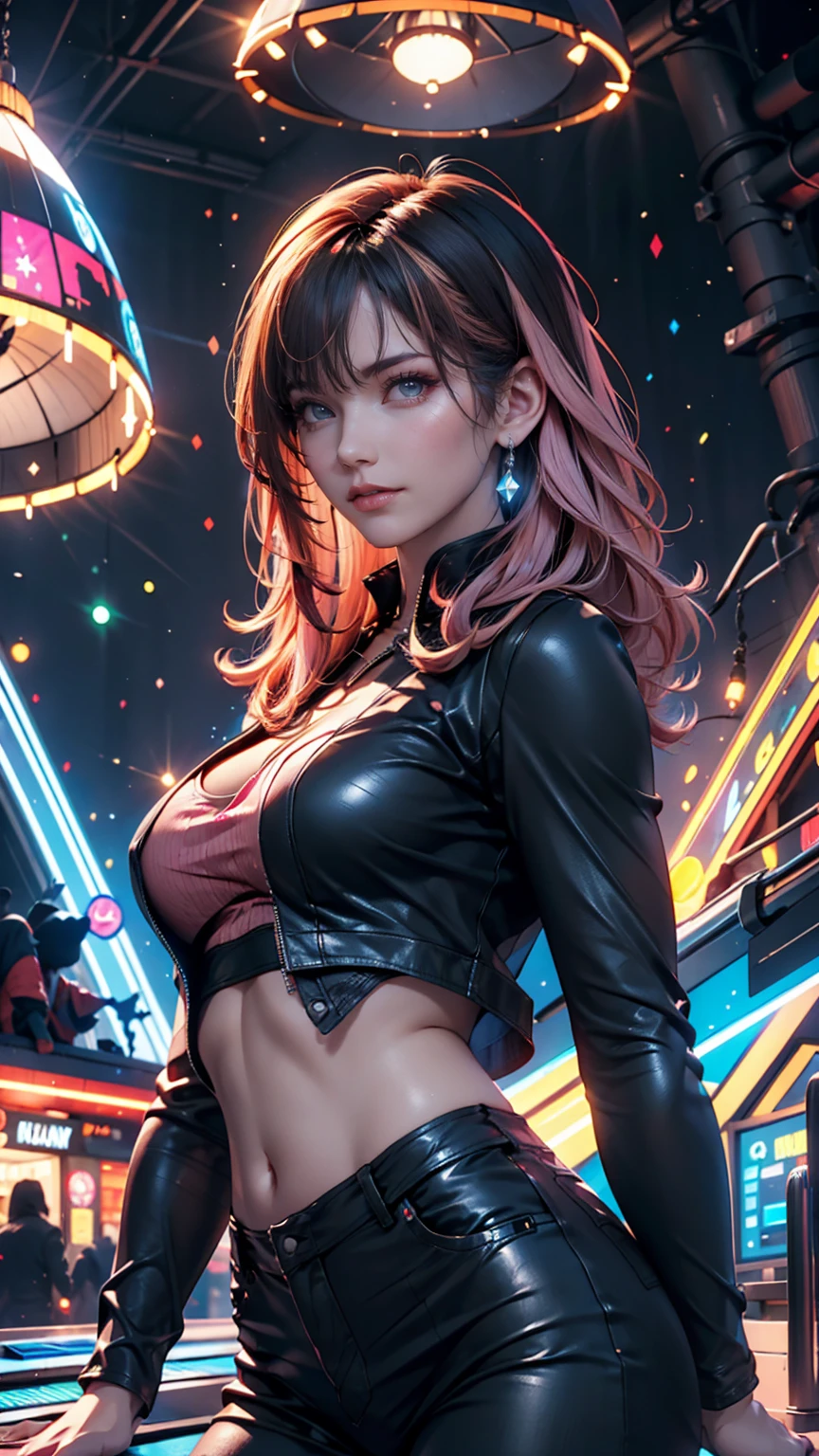 1girl,a beautiful fashion model ,(masterpiece, detailed background, best quality),short and shiny hair, red hair, hair with highlights, bangs, smirk,juicy lips,red lips, calmart, lingerie, stripping, elegant makeup, blue eyes, full body shot, (shiny skin), cyberpunk, sci fi, boa, extravagant jewelry, cocky expression, covered in jewelry, fancy, , bra, thong, stripping, cyberpunk club, stripper pole
