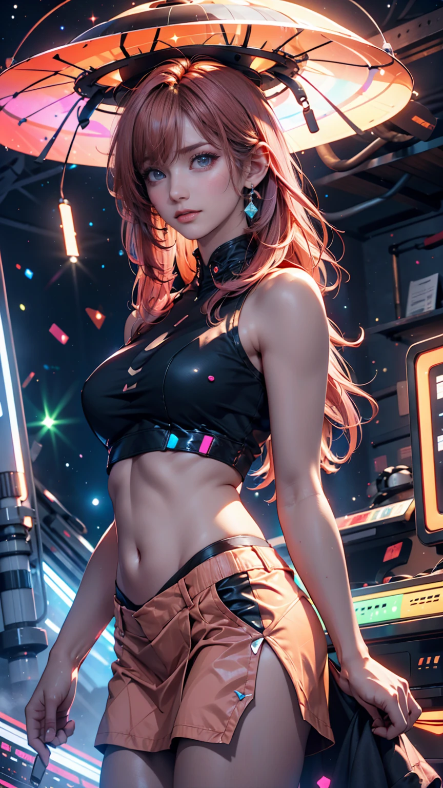Cyperpunk setting with neon lights with a woman from the waist up in a bikini with orange hair and sexy body --auto --s2