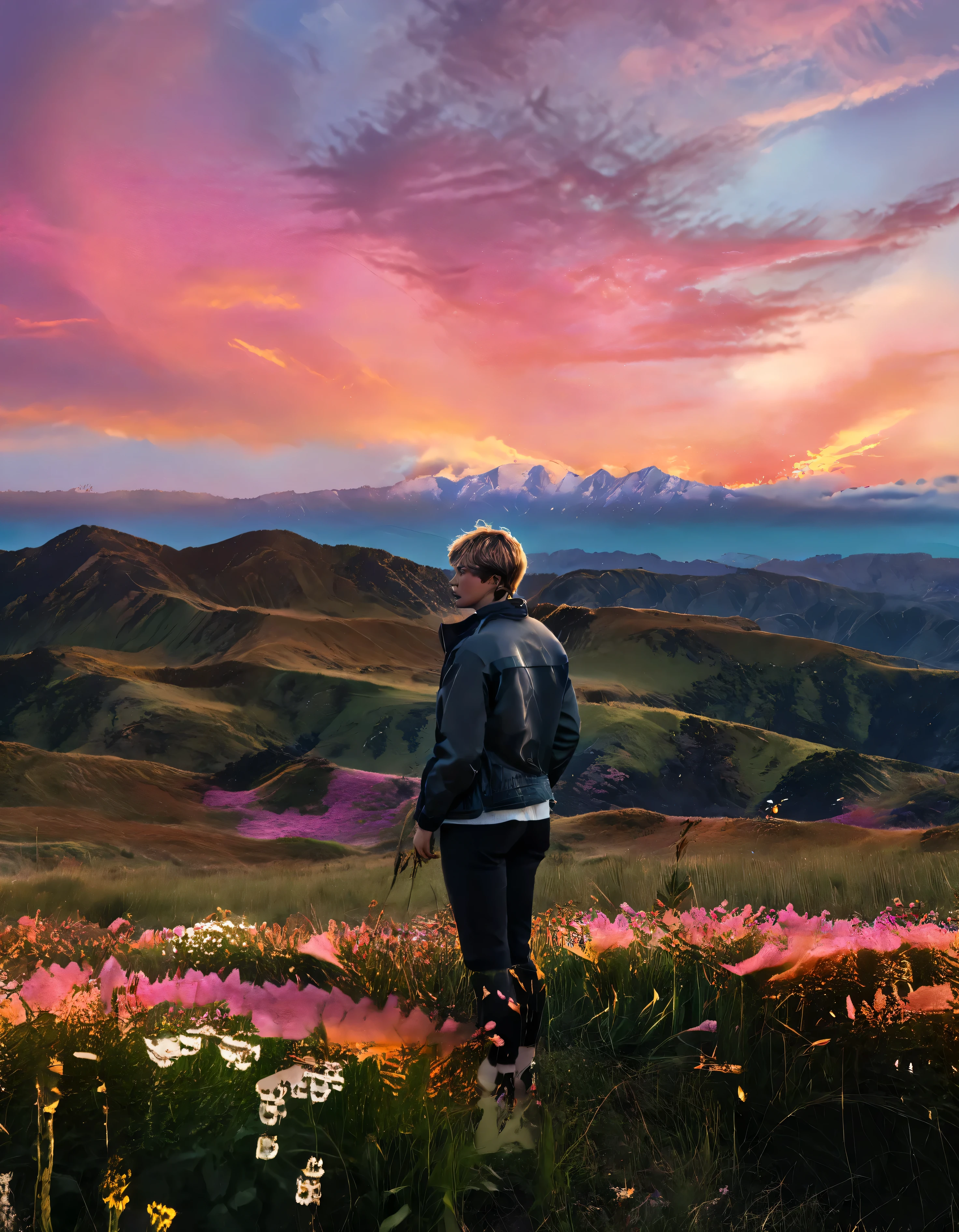 A peaceful and dreamlike scene at the golden hour. A person with short hair, standing on a flower-covered hill, gazing at a breathtaking sunset. The sky is painted in warm orange, pink, and golden hues with dramatic, soft clouds glowing in the fading sunlight. Vibrant wildflowers and tall grasses sway gently in the breeze, framing the silhouette of the person. Distant mountains visible under a serene horizon. A cinematic atmosphere with vibrant colors, detailed textures, and a tranquil, ethereal vibe."