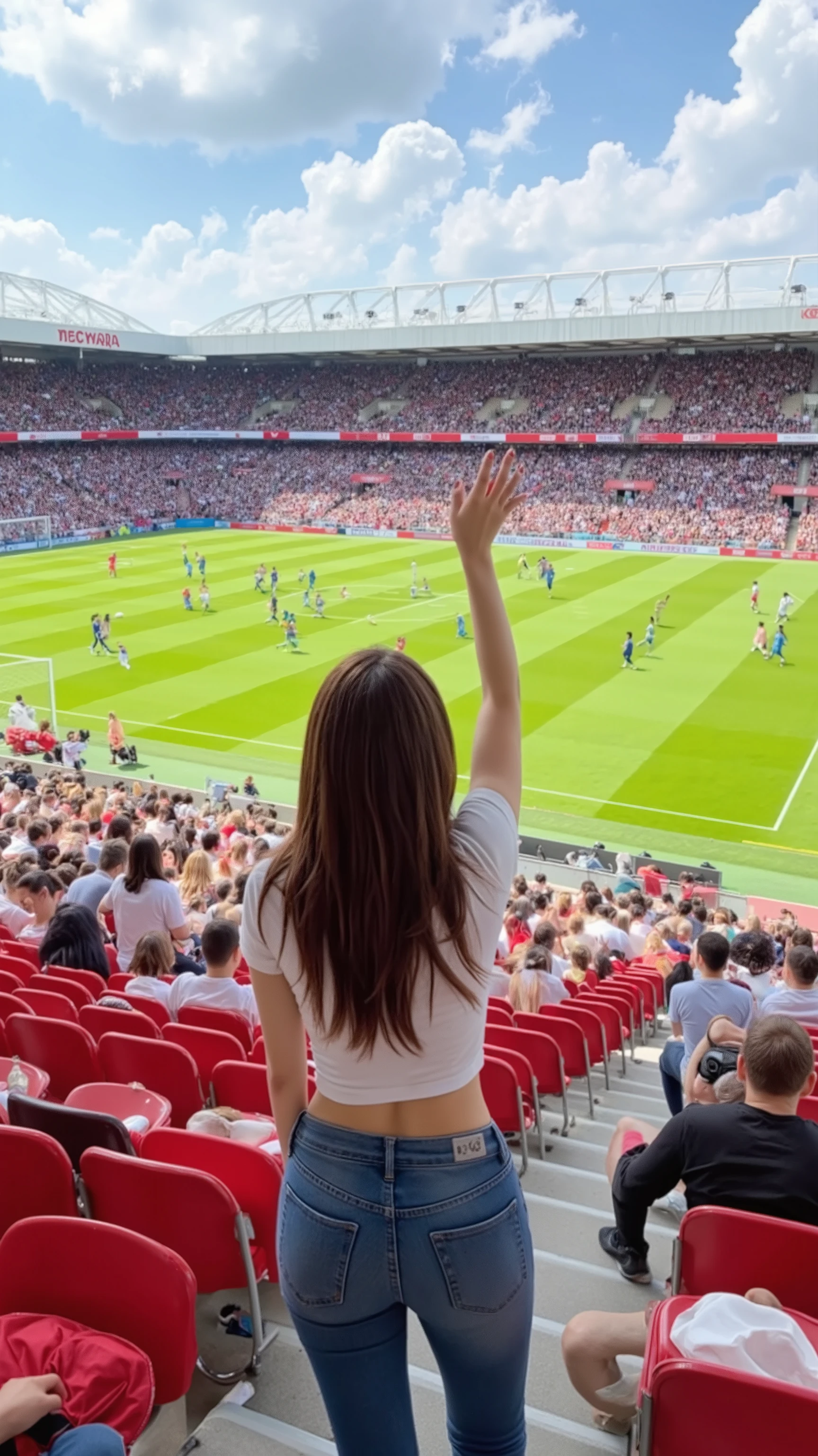 Female supporters watching a soccer game、The woman watching soccer in the spectator seat of a stadium where many people are watching the game has long brown hair、The upper body is wearing a soccer uniform、 The lower body in the composition seen from the front is slim, wearing denim jeans、I'm wearing sneakers and cheering with a smile 、Photorealistic image of the composition seen from behind、 attractive hip line