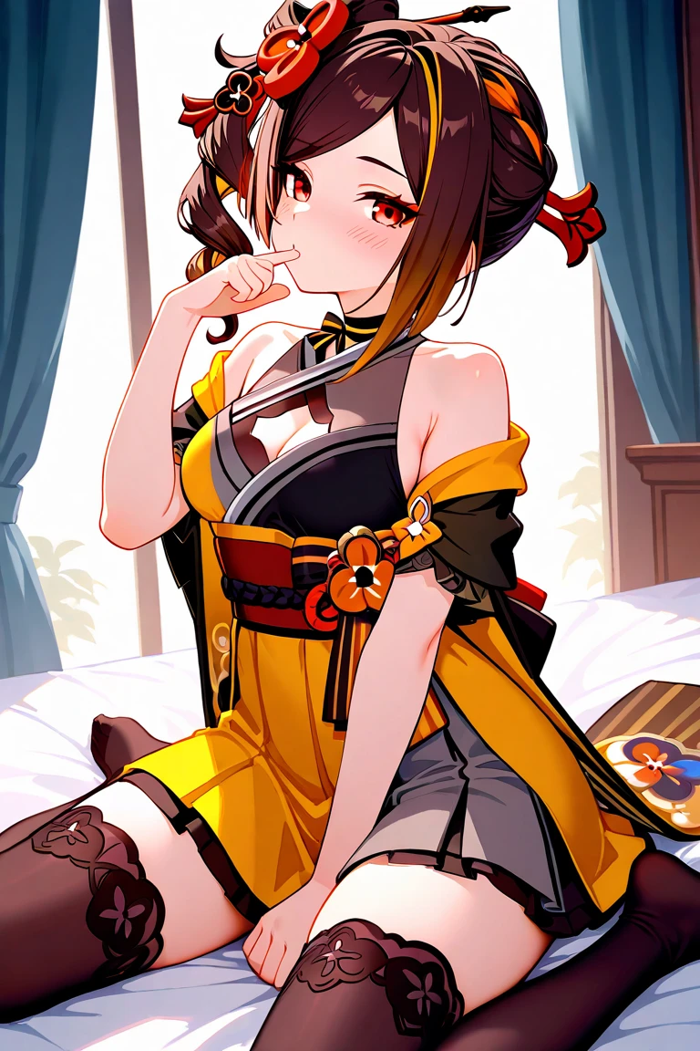 1 girl, chiori genshin impact, yellow japanese dress, cleavage, bedside, laid down, bigbreast, drowsy, legs wide open, holding folding fan