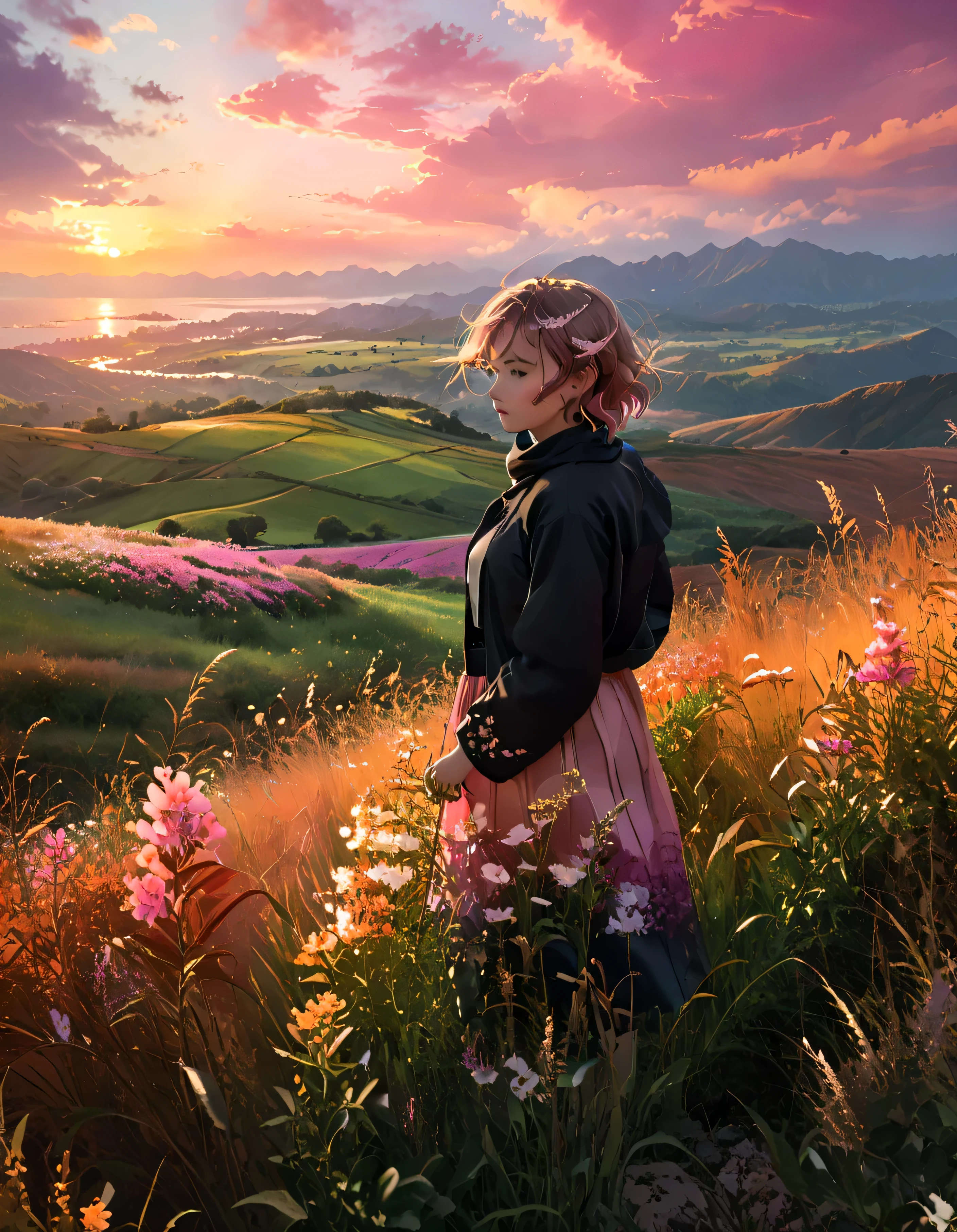 A peaceful and dreamlike scene at the golden hour. A person with short hair, standing on a flower-covered hill, gazing at a breathtaking sunset. The sky is painted in warm orange, pink, and golden hues with dramatic, soft clouds glowing in the fading sunlight. Vibrant wildflowers and tall grasses sway gently in the breeze, framing the silhouette of the person. Distant mountains visible under a serene horizon. A cinematic atmosphere with vibrant colors, detailed textures, and a tranquil, ethereal vibe."