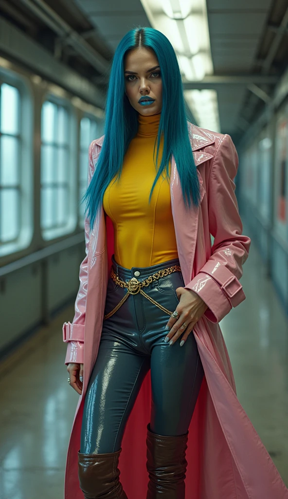 hiyori from anime one piece, light blue hair, long hair, hair tie, wearing earrings, wearing watch, wearing light blue formal shirt, pink formal suit, pink pants, perfect body, standing, looking at viewer, smiling , being in a public place, being in tokyo city, being on the side of the road, medium boobs