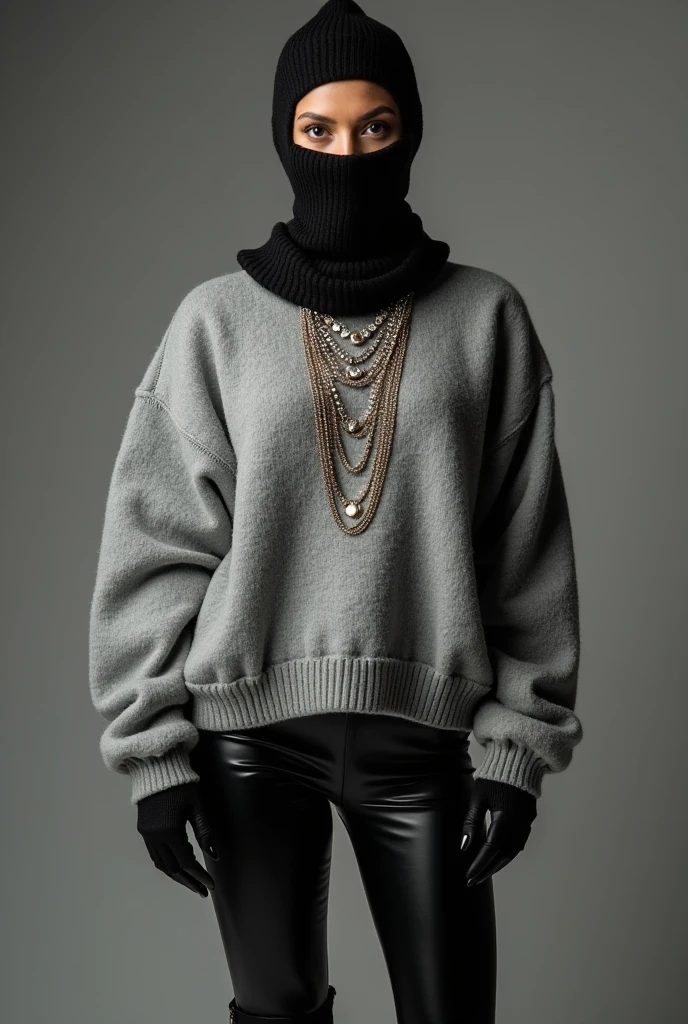 A stunning woman stands with confidence, dressed in a cozy, puffy grey turtleneck sweater, paired with sleek, form-fitting black latex pants that accentuate her silhouette. Her entire face is completely concealed beneath a stylish black balaclava, covering everything—her mouth, nose, forehead, chin, ears, and jaw—leaving only her captivating eyes visible. Wishing to keep her identity hidden, she ensures that every part of her body is covered except for her eyes.  

Exuding opulence, beautiful, rich diamond necklaces drape effortlessly over her sweater, lending a touch of sophistication. Completing her striking ensemble, she wears black gloves and knee-high boots, enhancing her commanding yet graceful presence. With unwavering confidence, she looks directly at the camera, her gaze both mysterious and captivating, standing as a vision of elegance and intrigue.