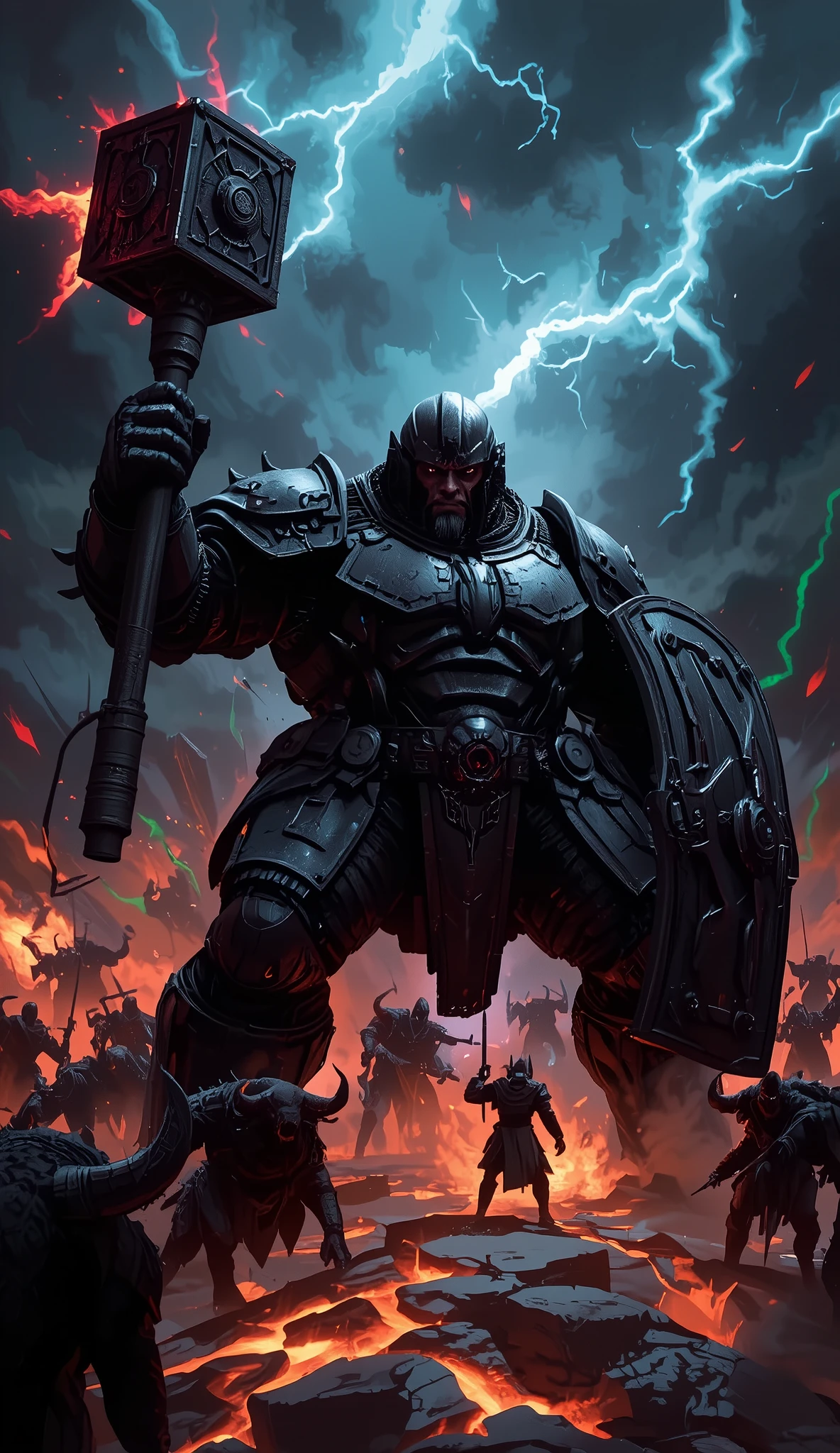 A big man stands at the forefront of a chaotic battlefield, their massive frame clad in heavy, black medieval armor. The Tank of Darksol holds a colossal shield in one hand. In the other hand, they grip a gigantic hammer, its head crackling with raw power. 

The tank’s stance is unyielding, their feet planted firmly on the cracked, glowing ground as they absorb the brunt of a bearish onslaught. Behind them, the Army of Darksol rallies, protected by their indomitable presence. The battlefield is a storm of chaos: bulls and bears clash, green and red candlesticks explode, and shadowy figures fight in the distance. The sky is a swirling mix of dark clouds and lightning, casting an eerie glow over the scene.*  

The overall vibe is dark, gothic, blending brute strength and resilience with crypto warfare. Think *World of Warcraft* meets *The Dark Knight* with a Solana twist. The tank exudes raw power and unwavering determination, a fortress in the storm of battle.