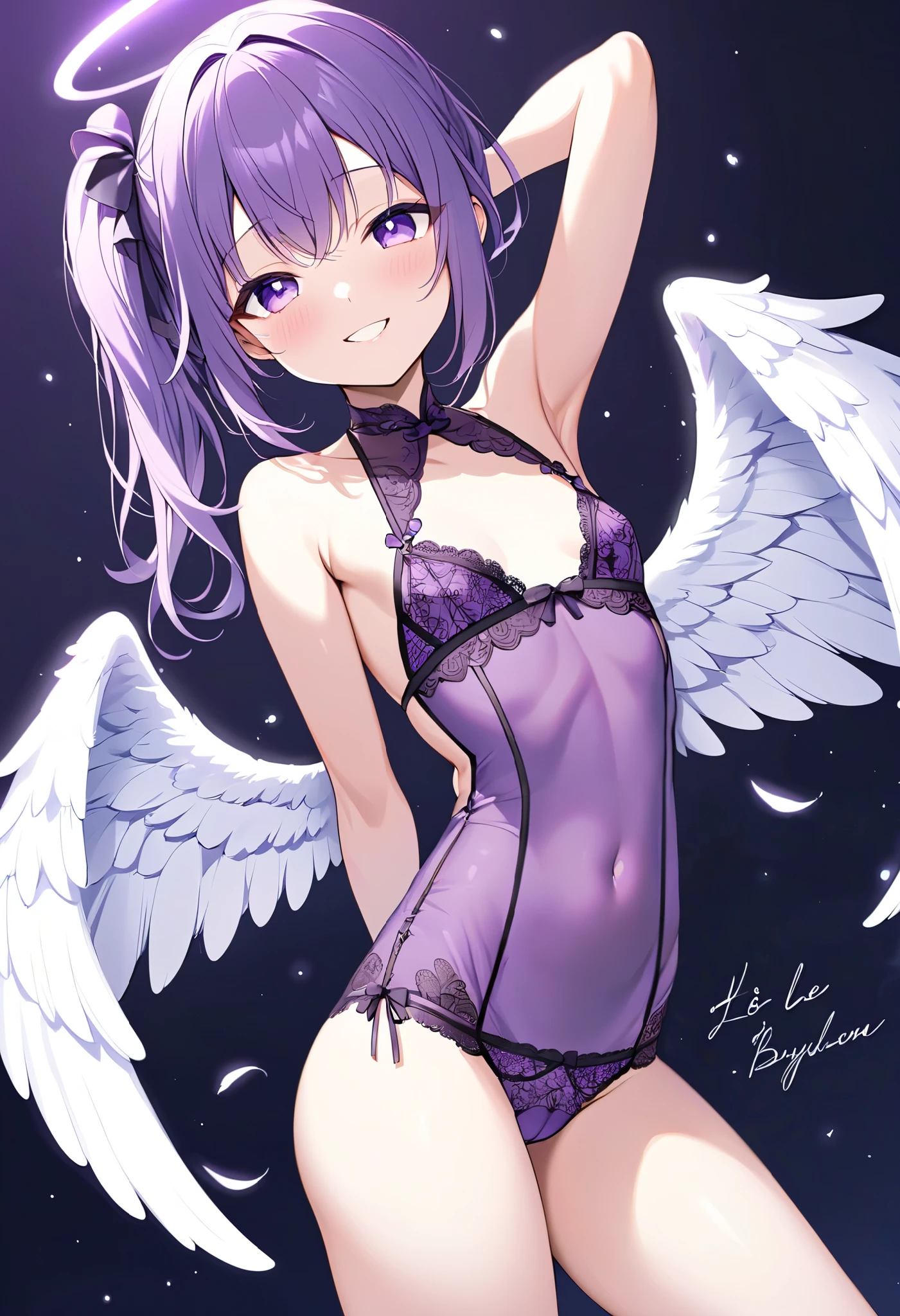 purple hair purple eyes、 girl、small breasts、Ponytail、smile、naughty clothes、gal girl、wearing cute earrings、With angel wings、There&#39;There&#39;s an angel ring on your head、In underwear、I can see your pants、not wearing pants、sexy lingerie