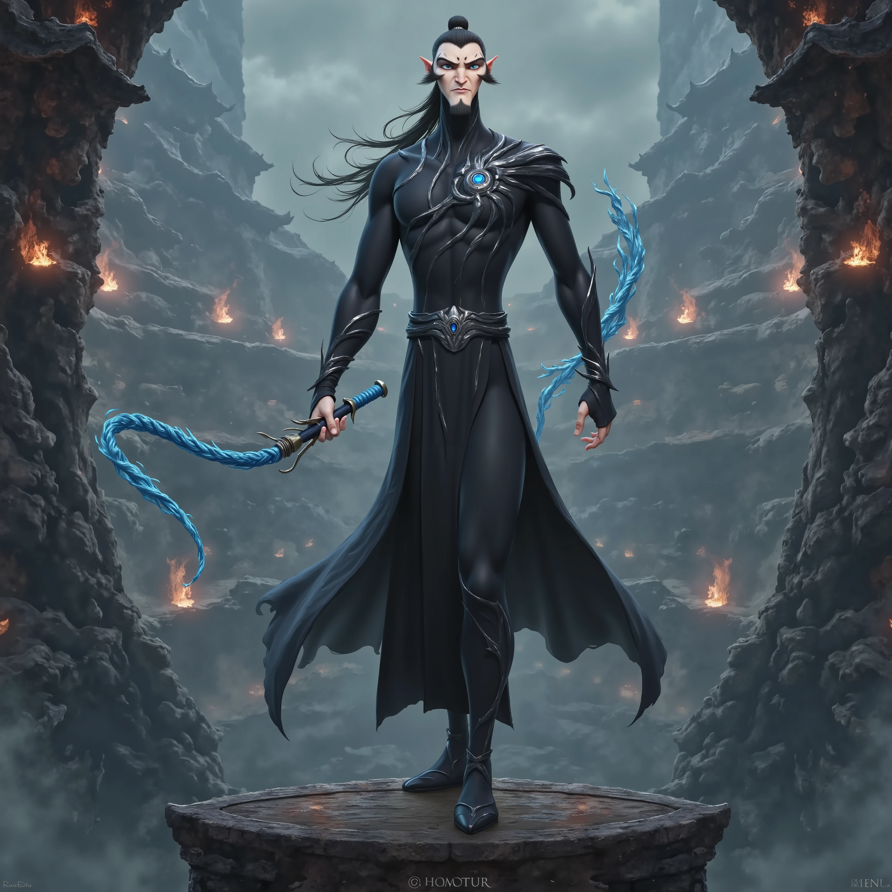 ( masterpiece, top quality:1.2), Game anime characters, alone,beard, Black Robe ,slim。Holding a blue whip in his hand。Kung Fu Action ,flame,cliff,Ominous clouds,Grand scene,Large game scene