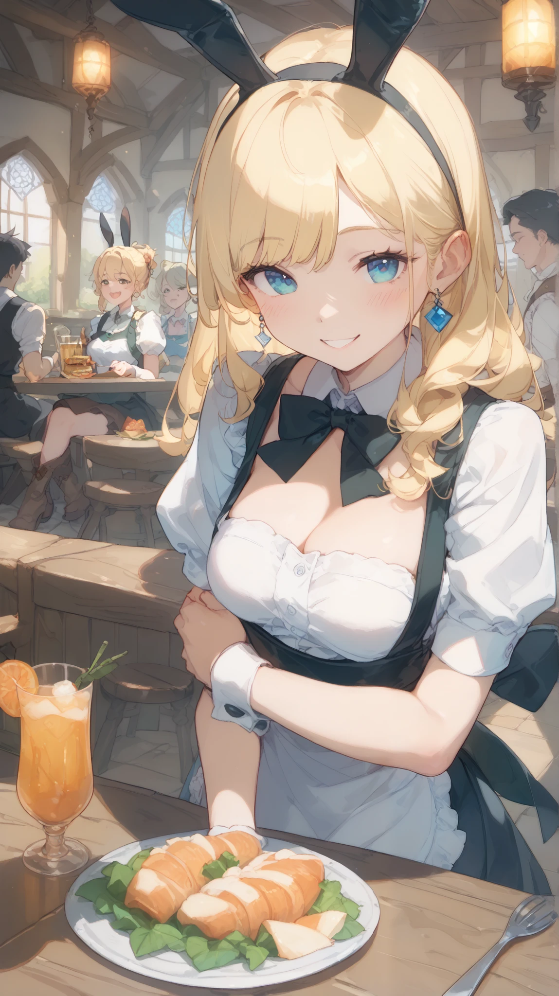 RPG Royalty, (nsfw:1.2), Waitress Working In A Medieval Tavern、Full nude bunny girl、 blonde girl、smile, under the arm,