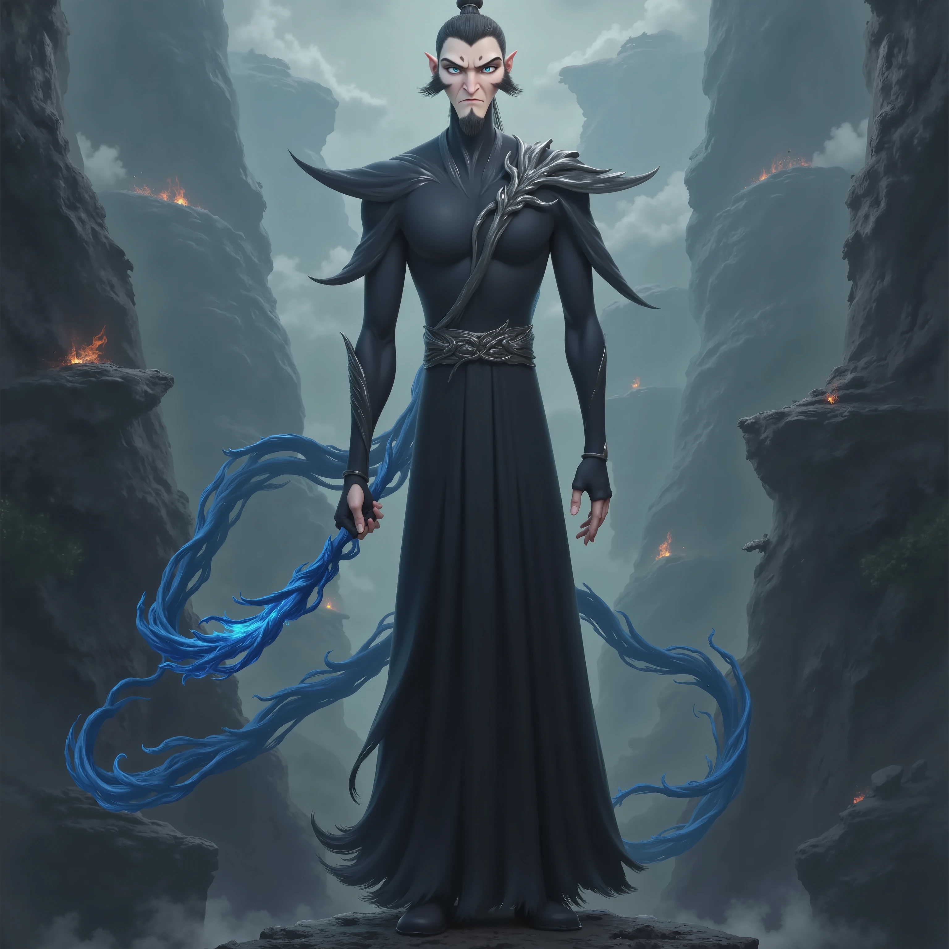( masterpiece,  top quality:1.2), Game anime characters,  alone，beard,  Black Robe ,slim。Holding a blue whip in his hand。Kung Fu Action ，flame，cliff，Ominous clouds，Grand scene，Large game scene
