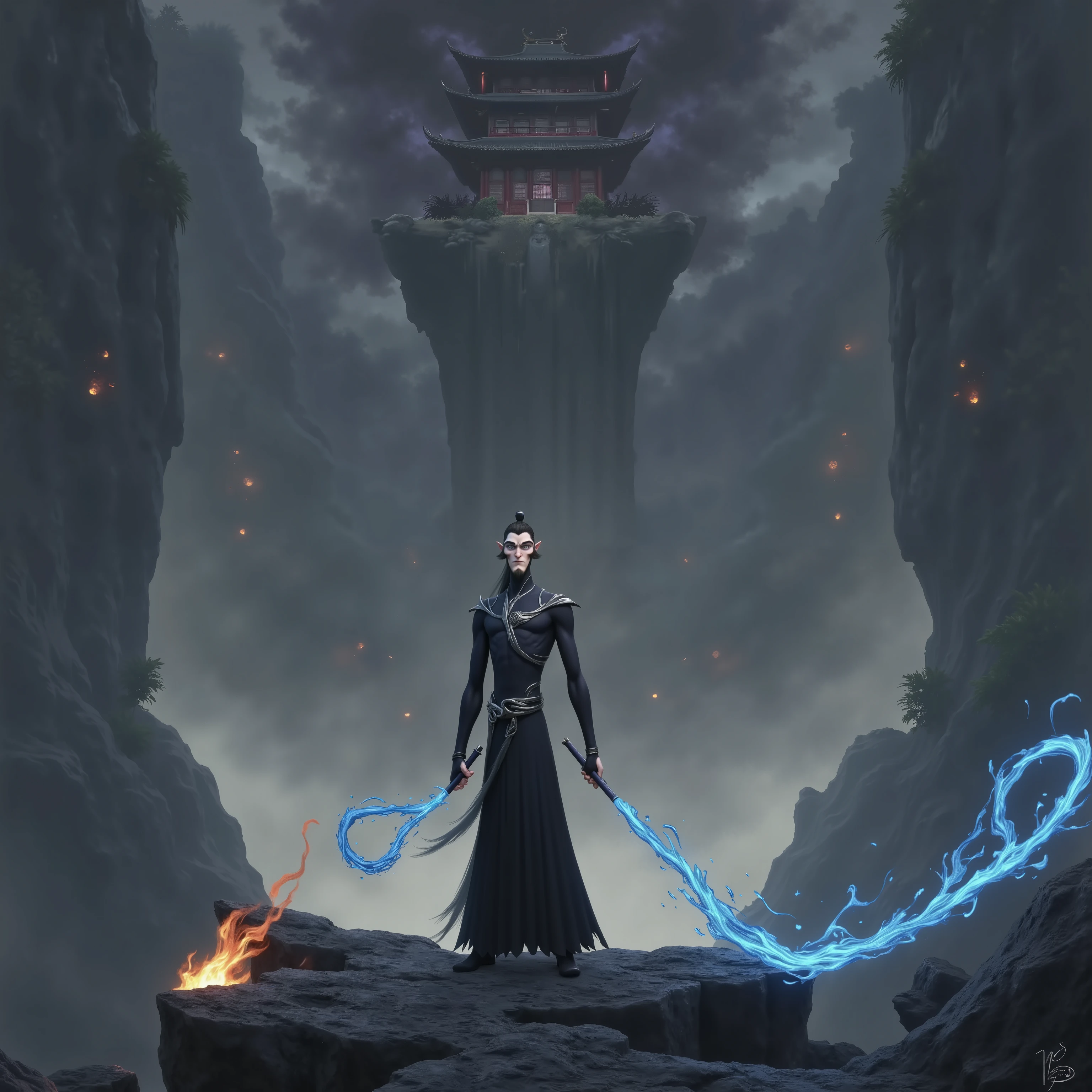 ( masterpiece, top quality:1.2), Game anime characters, alone,beard, Black Robe ,slim。Holding a blue whip in his hand。Kung Fu Action ,flame,cliff,Ominous clouds,Grand scene,Large game scene