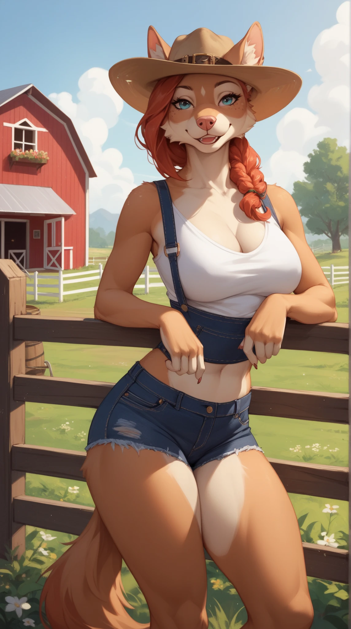 Beautiful mature woman, 1girl, orange hair, red eyes, extremely long hair, hair covering one eye, freckles on face, happy, smiling, blushing, thick lips, full lips, big breasts, extreme cleavage, deep cleavage, very thin body, dark skin, open button-up plaid shirt, shirt tied below breasts, midriff, muscular abs, tiny jean shorts, perfect anatomy, countryside, outdoors, detailed background, ultra-detailed, 4k, 8k, best quality, masterpiece