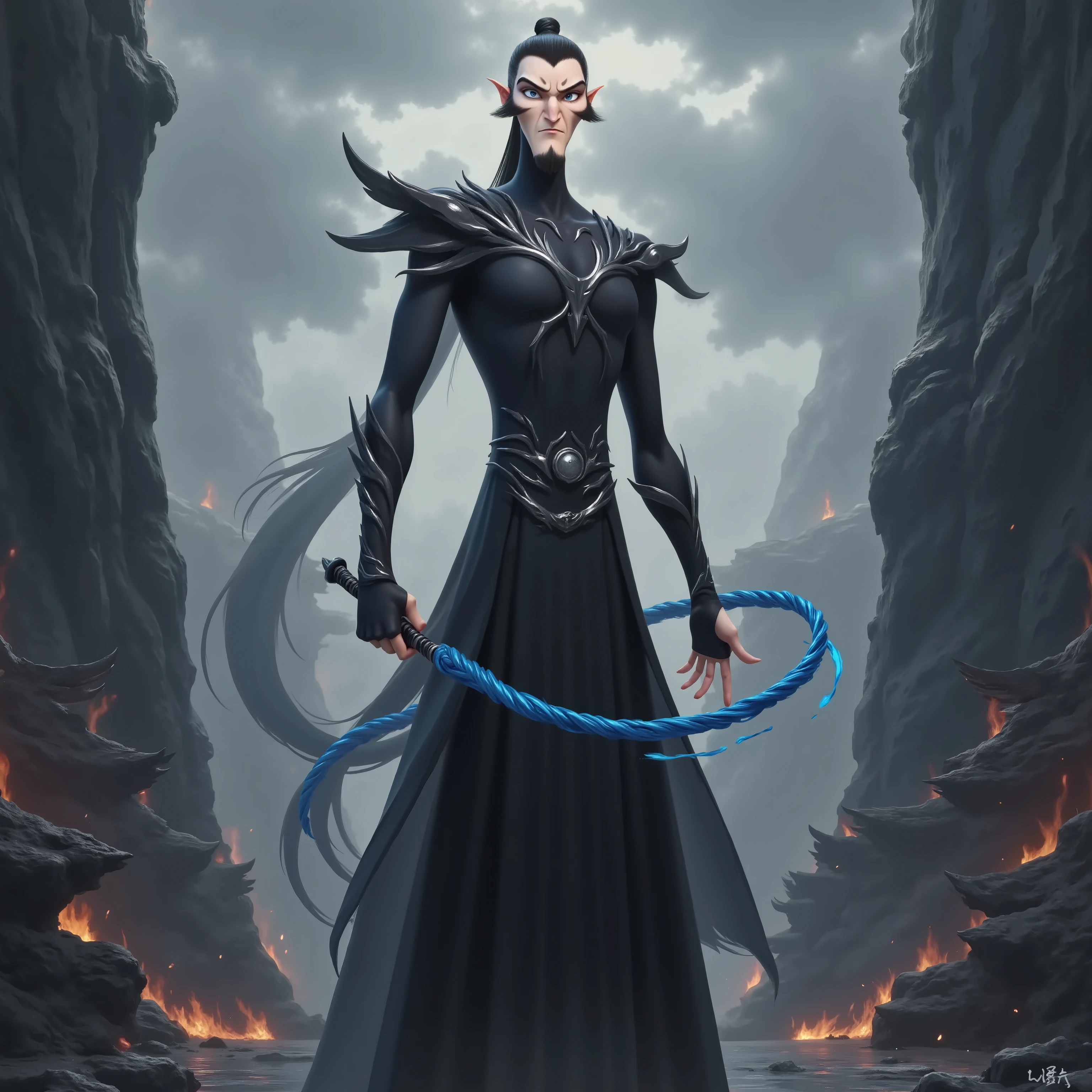 ( masterpiece, top quality:1.2), Game anime characters, alone,beard, Black Robe ,slim。Holding a blue whip in his hand。Kung Fu Action ,flame,cliff,Ominous clouds,Grand scene,Large game scene