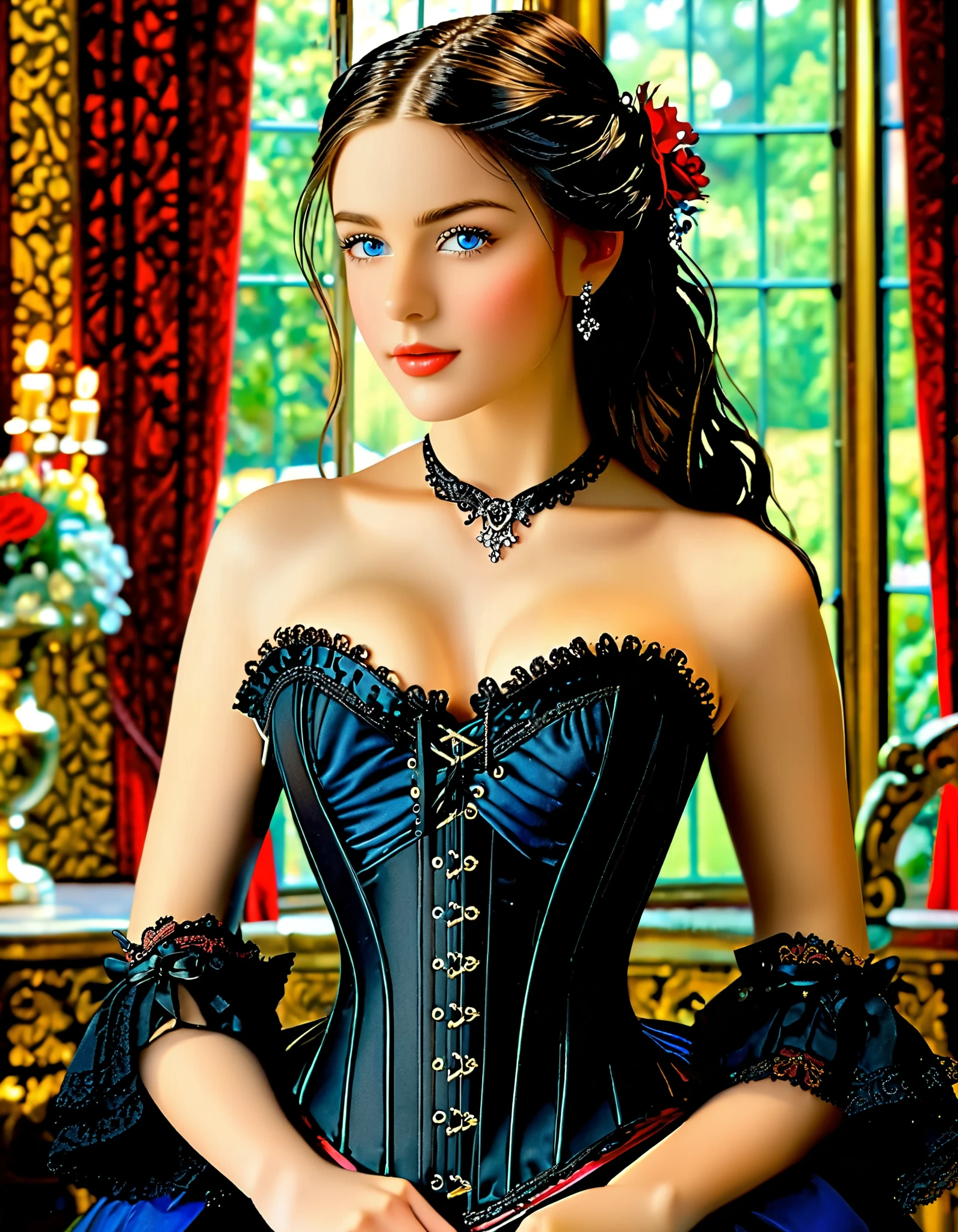 high quality fingers, normal hands, detailed fingers, masterpiece, (realistic, photo-realistic:1.37), (full body:1.5), (25 years old women), large breast, small waist, long flowing black, sparkling blue eyes, beautiful face, perfect illumination, beautiful detailed eyes, looking at viewer, stunningly beautiful women, detailed hairstyle, detailed background, highly detailed and ornate Victorian ((duotone [red and black]) corset:1.5), detailed and stylish jewelry, background is a beautiful flower garden with gazebo.