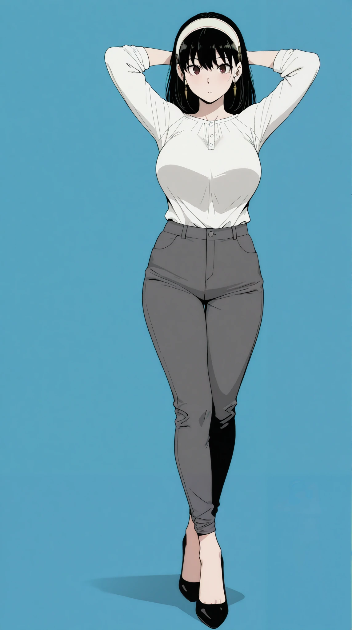 masterpiece, extremely detailed,realisric skin texture,4k,solo,1girl,adult ,((fullbody)),yor forger,head band,arms behind head,expressive,slim body, sexy legs,perfect body,large breasts,housewife,grey short pants, oversize white tshirt,soft light, high detailed, best quality, upper body,, blue plain background ,blue background,looking at viewers,front look,sexy pose, photography,cowboy shot