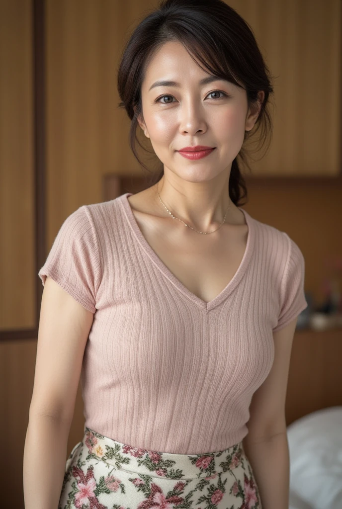 Mature Woman、Upper Body、Big Breasts、47歳Mature Woman,My face is delicate,Happy and attractive,(Realistic:1.4) 8K,Beautiful and beautiful,,A light smile、indoor、White T-shirt、sexy、sexyポーズ、Thighs、Tabletop、Pink panty shot