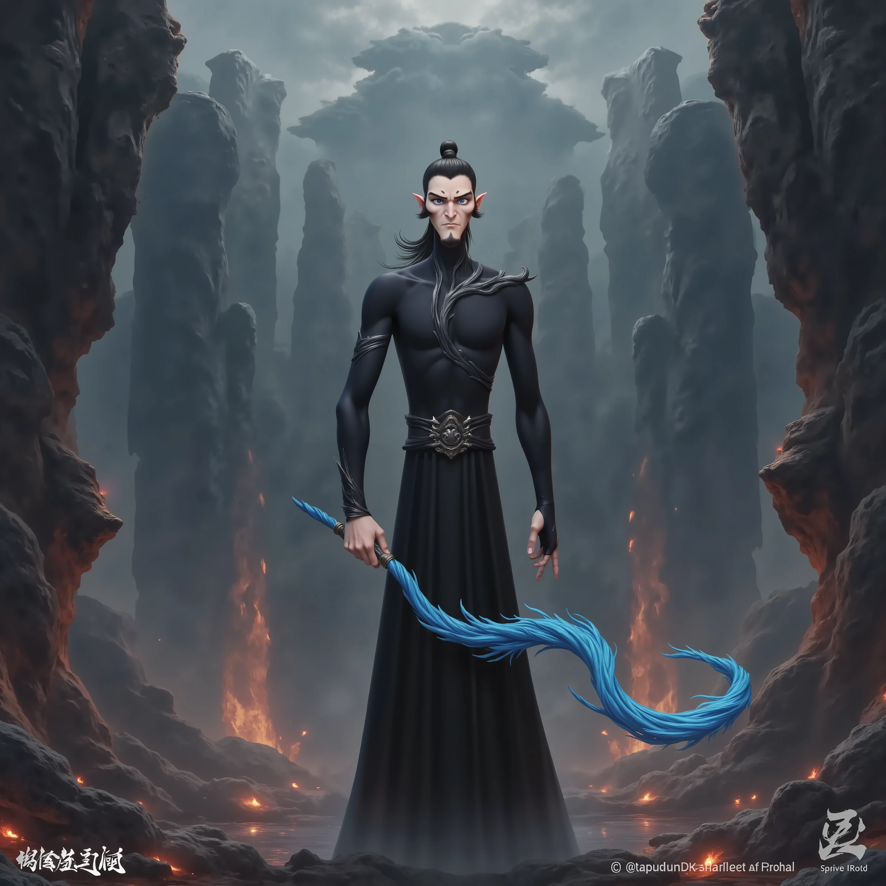 ( masterpiece,  top quality:1.2), Game anime characters,  alone，beard,  Black Robe ,slim。Holding a blue whip in his hand。Kung Fu Action ，flame，cliff，Ominous clouds，Grand scene，Large game scene
