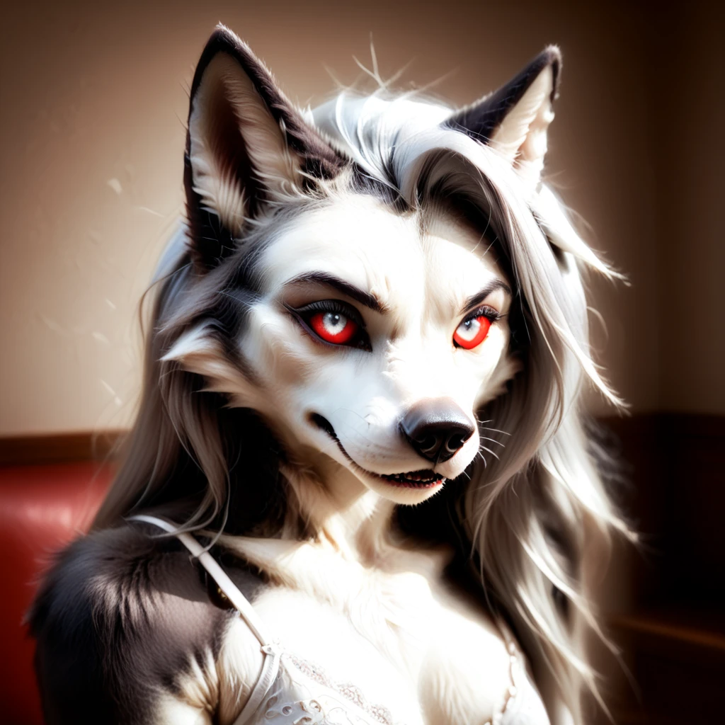 Lycanthrope woman with wolf face and wolf head light gray fur all over the body swimwear made of wolf skin light gray fur sexy complexion sharp claws yellow eyes looking straight at the viewer on a foggy forest background 