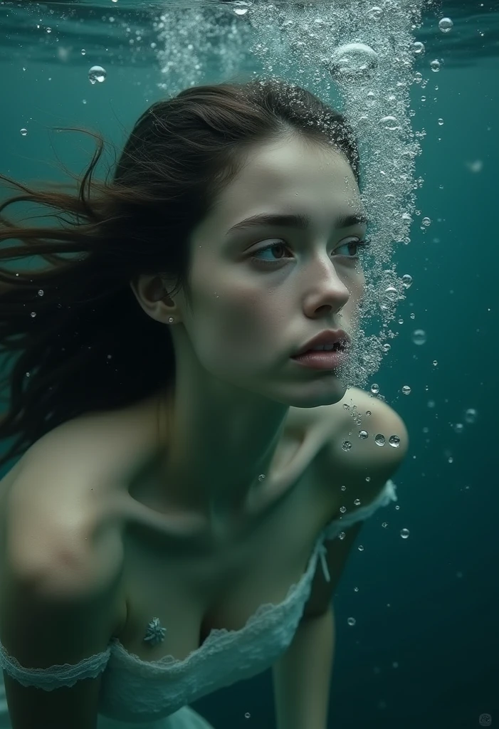 beautiful woman swimming deep under the sea, detailed face, long straight black hair, blue eyes, small breasts, thin waist, naked, free and happy, endless ocean background