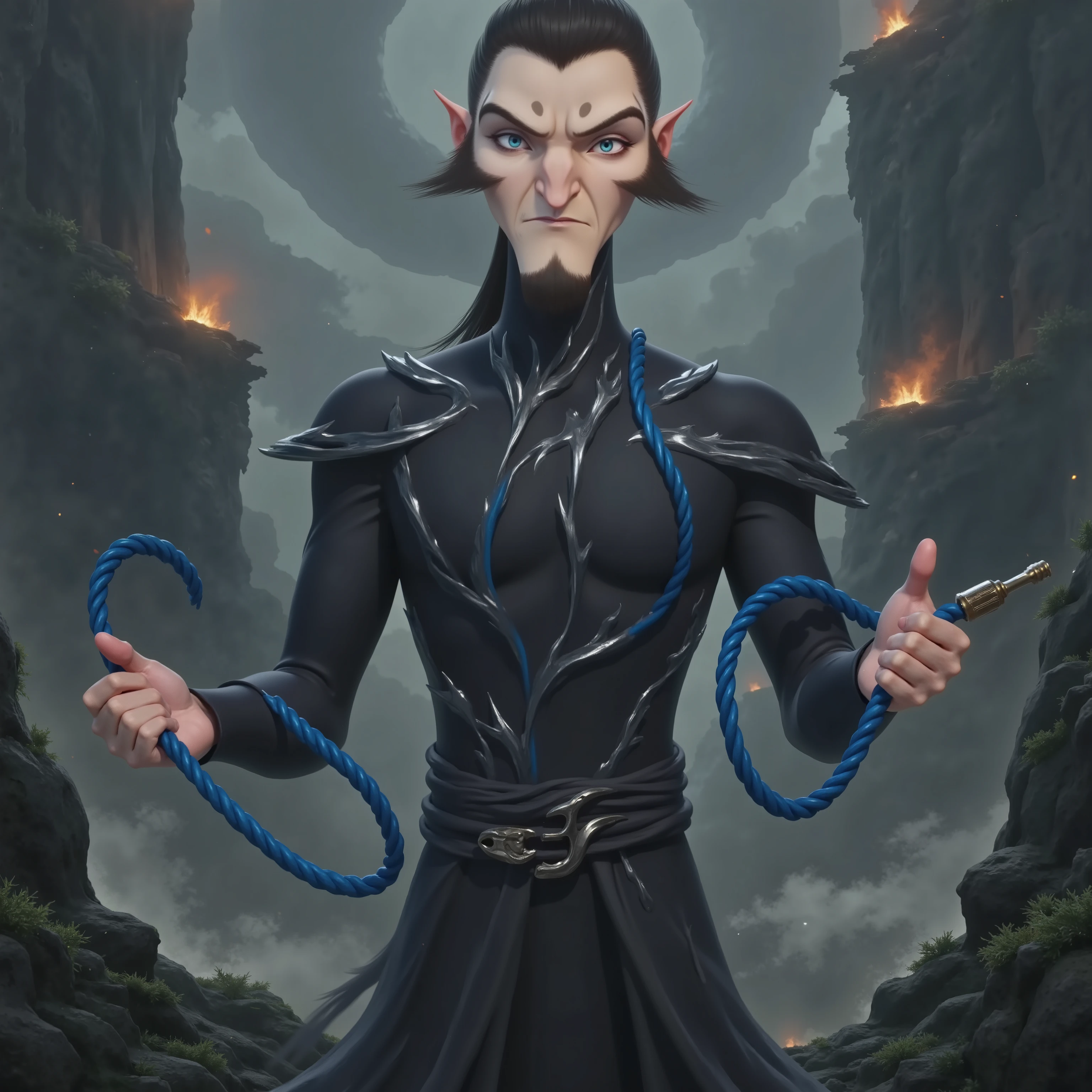 ( masterpiece, top quality:1.2), Game anime characters, alone,beard, Black Robe ,slim。Holding a blue whip in his hand。Kung Fu Action ,flame,cliff,Ominous clouds,Grand scene,Large game scene