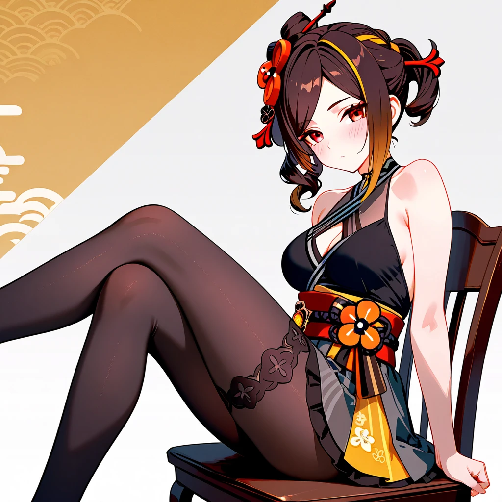 ((masterpiece,best quality)), 1girl, chiori, forearm gloves, lace pantyhose, heelless heels, sitting, simple background, shadow,