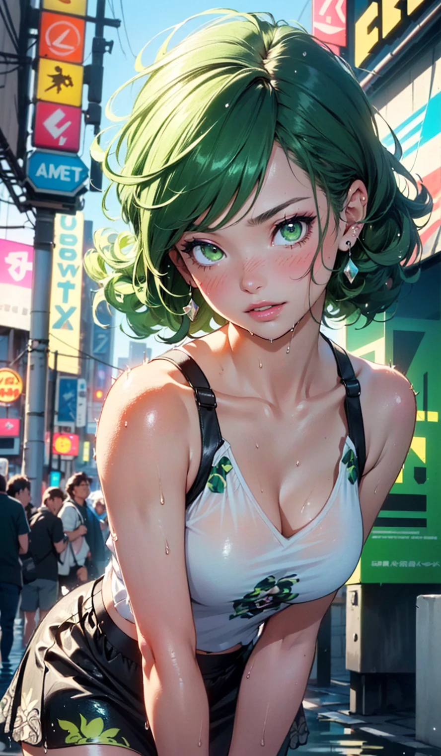 girl youtuber,(((1girl))),((extremely cute and beautiful green curly-haired girl)),
(short breasts:1.4),(((green curly hair:1.35,very curly hair,colored inner hair,ear breathing,short hair))),(((green eyes:1.3))),intricate eyes,beautiful detailed eyes,symmetrical eyes,big eyes:1.3,((fat)),(((lustrous skin:1.5,bright skin: 1.5,skin tanned,shiny skin,very shiny skin,shiny body,plastic glitter skin,exaggerated shiny skin,illuminated skin,wet legs))),delicate detailed fingers,detailed body,human hands,(detailed face),
cute,slutty,seductive,erotic,(((nsfw))),
zettai ryouiki,revealing clothing,show skin,((rave mini-skirt,visible thong straps,white loose tank top with an pop art print)),((wet clothes,intricate outfit,intricate clothes)),
(dynamic pose:1.0),embarrassed,(centered,scale to fit dimensions,Rule of thirds),
cyberpunk city by the ocean at night, with bright neon signs and dark stormy clouds and puddles, scenery:1.25,
highres, sharp focus, (ultra detailed, extremely detailed), (photorealistic artwork:1.37),(extremely detailed CG unity 8k wallpaper),((synthwave background theme)),(((vibrant colors))),(intricate background),(masterpiece),(best quality),