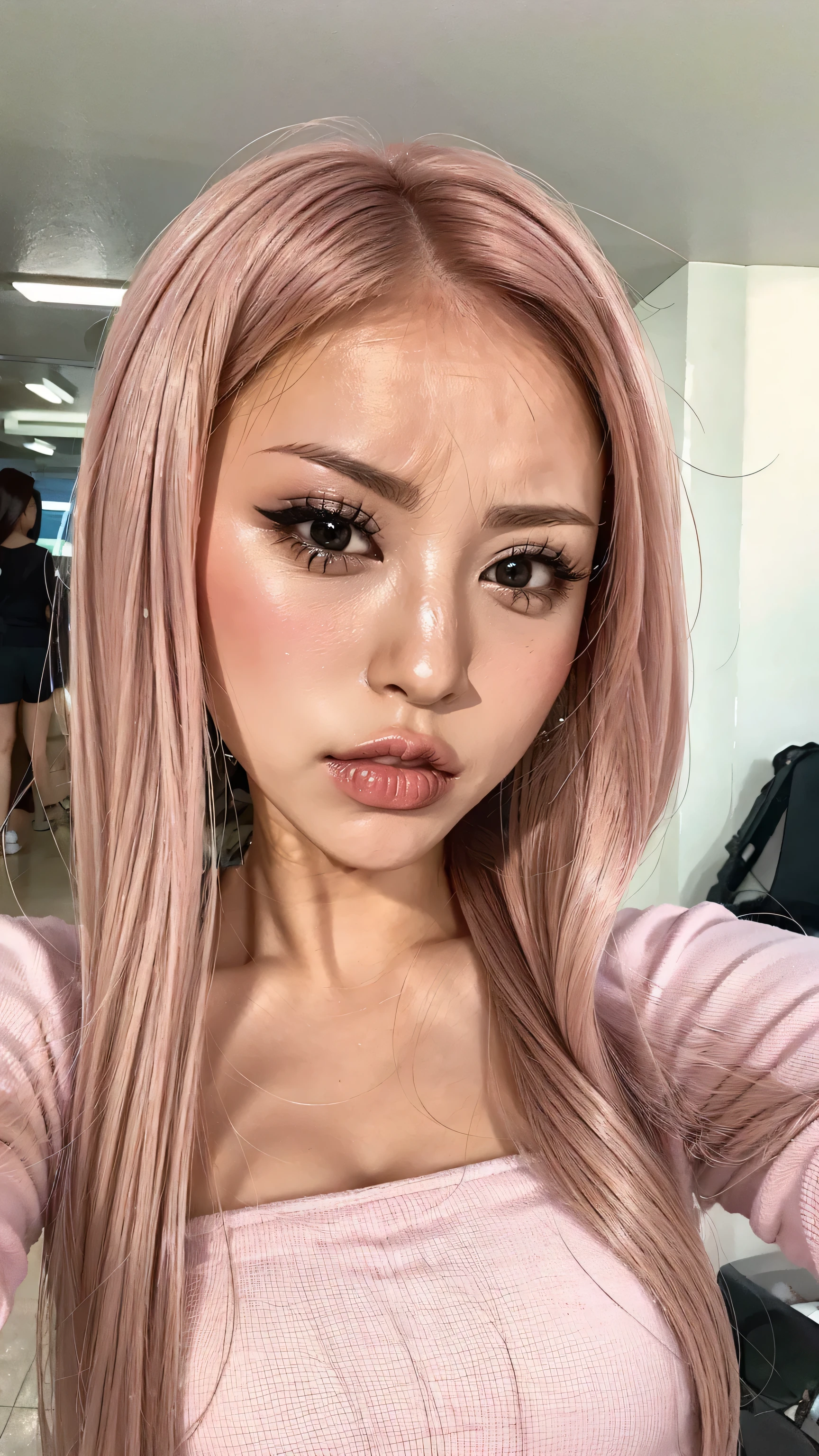 facial zoom angry face、 angry eyebrows 、 eyes match、they show their teeth in anger 、 A beautiful woman is looking at us 、 、 they are white and pink shiny line racer costume、 face up from the front