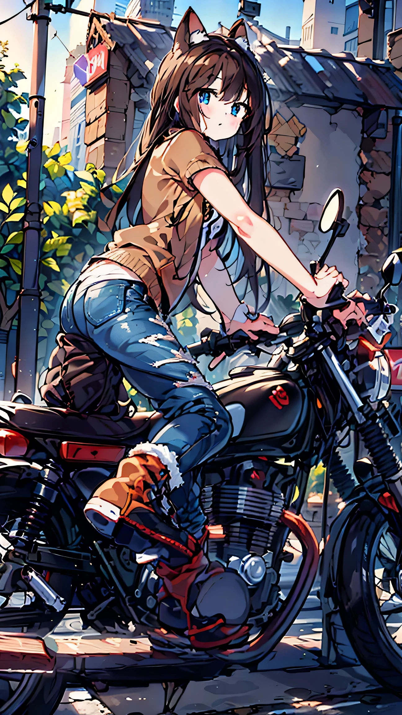 anime style 、 fox ears、 blue eyes、 brown hair、 long hair、 woman、 beige hoodie 、 jeans、 boots、Standing on a motorcycle