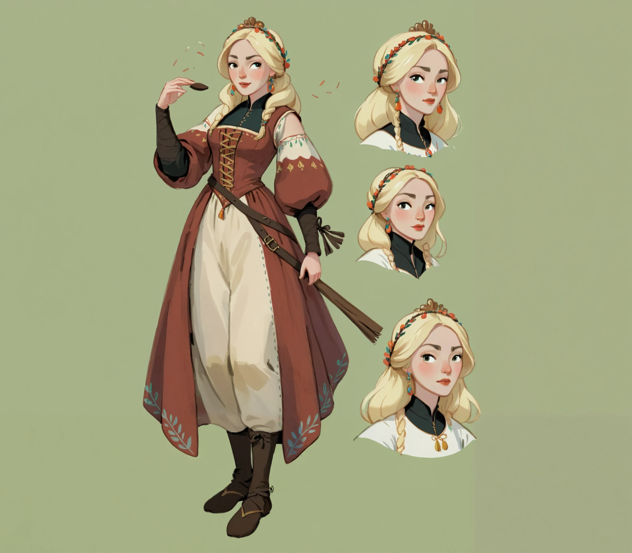 score_9, score_8_up, score_7_up, score_6_up, score_5_up, score_4_up, 1_woman, brow hair, expressive face, long_hair, wearing a vibrant long peasant medieval dress, detailed clothing, sketches, detailed thick gouache painting, illustration, in gougoupaintleaves style:1.5, hyper_dynamic scene, pov from above, sattan style, XLCOMIC_POS, novuschroma04 style