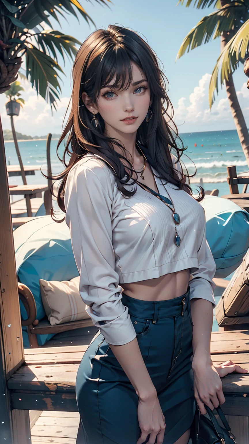 masterpiece, best quality, realistic, ultra-detailed, detailed,1 girl,(asian,idol,solo,collar,thin waist, small size breases,long hair, brown hair, beautiful thighs)(kimono, pleated skirt, V-shaped off shoulder sweater, Outerwear, Stocking,Shirt.) at the beach club,(PureErosFace_V1:0.7)